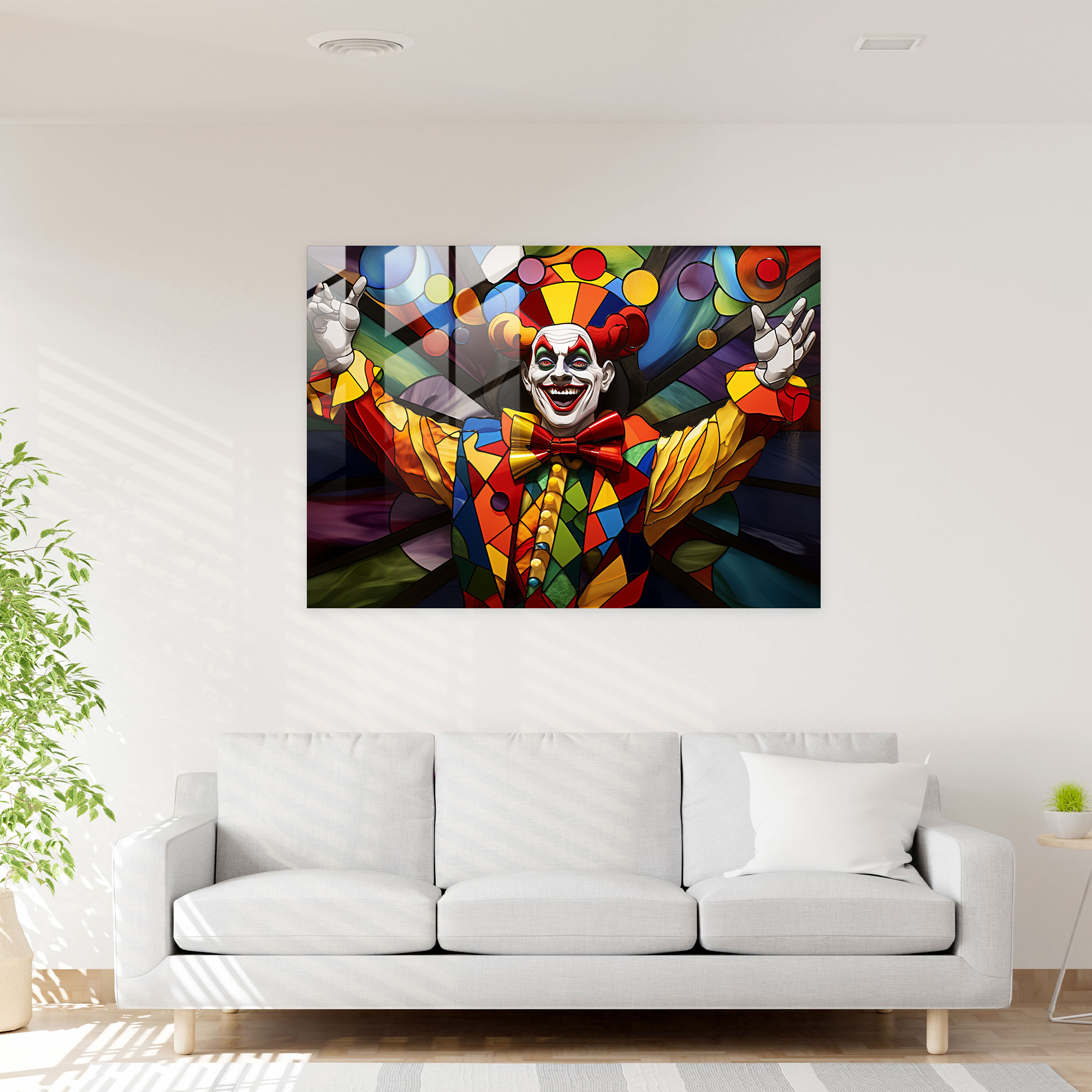 Bunter Clown Glasbild - Zirkus Wohndekoration Jonglierender Clown Moderne Kunst.