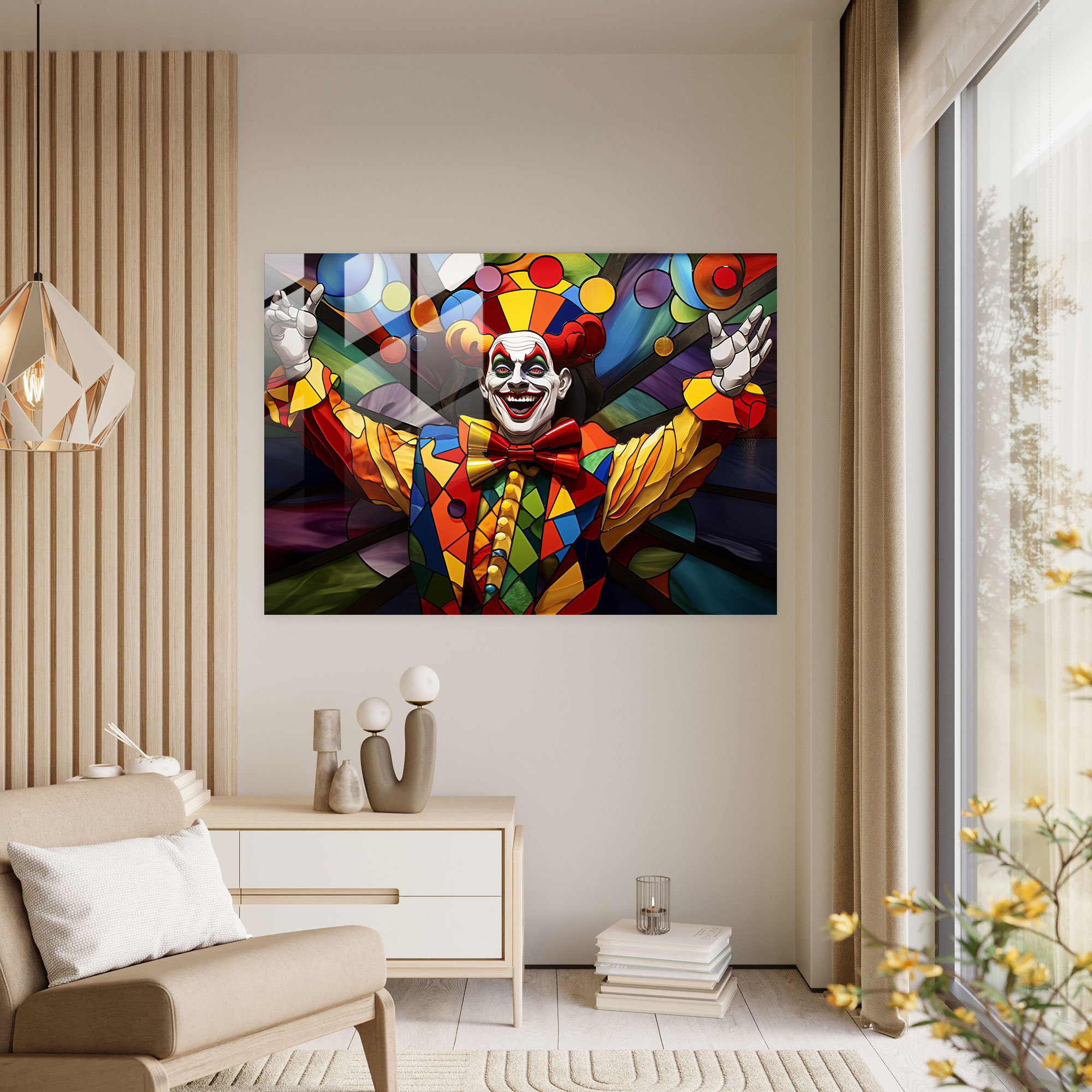 Bunter Clown Glasbild - Zirkus Wohndekoration Jonglierender Clown Moderne Kunst.