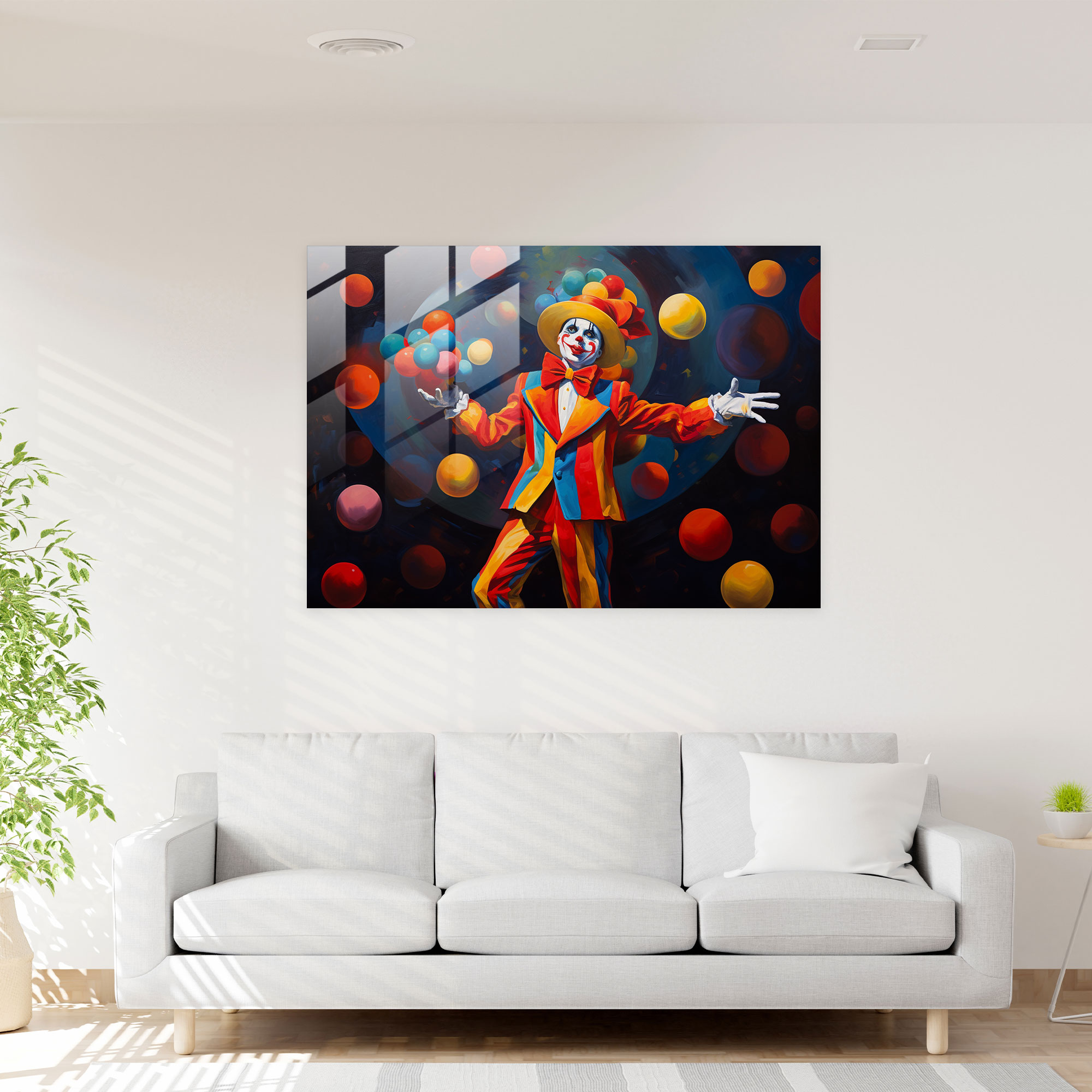 Jonglierender Clown Glasbild - Zirkus Bunte Bälle Glaswandkunst Jonglieren