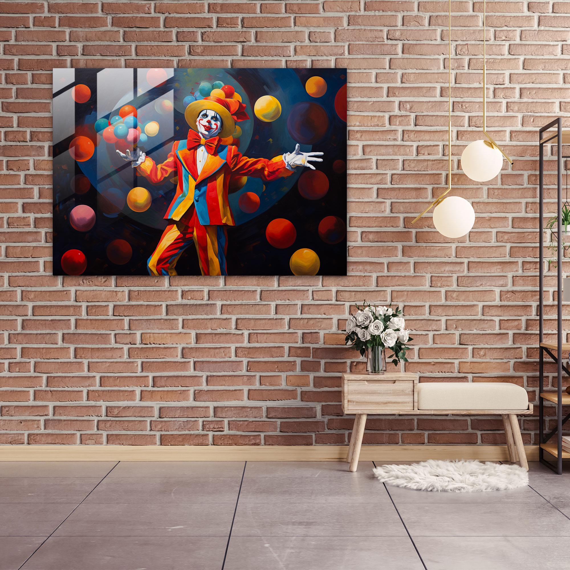 Jonglierender Clown Glasbild - Zirkus Bunte Bälle Glaswandkunst Jonglieren