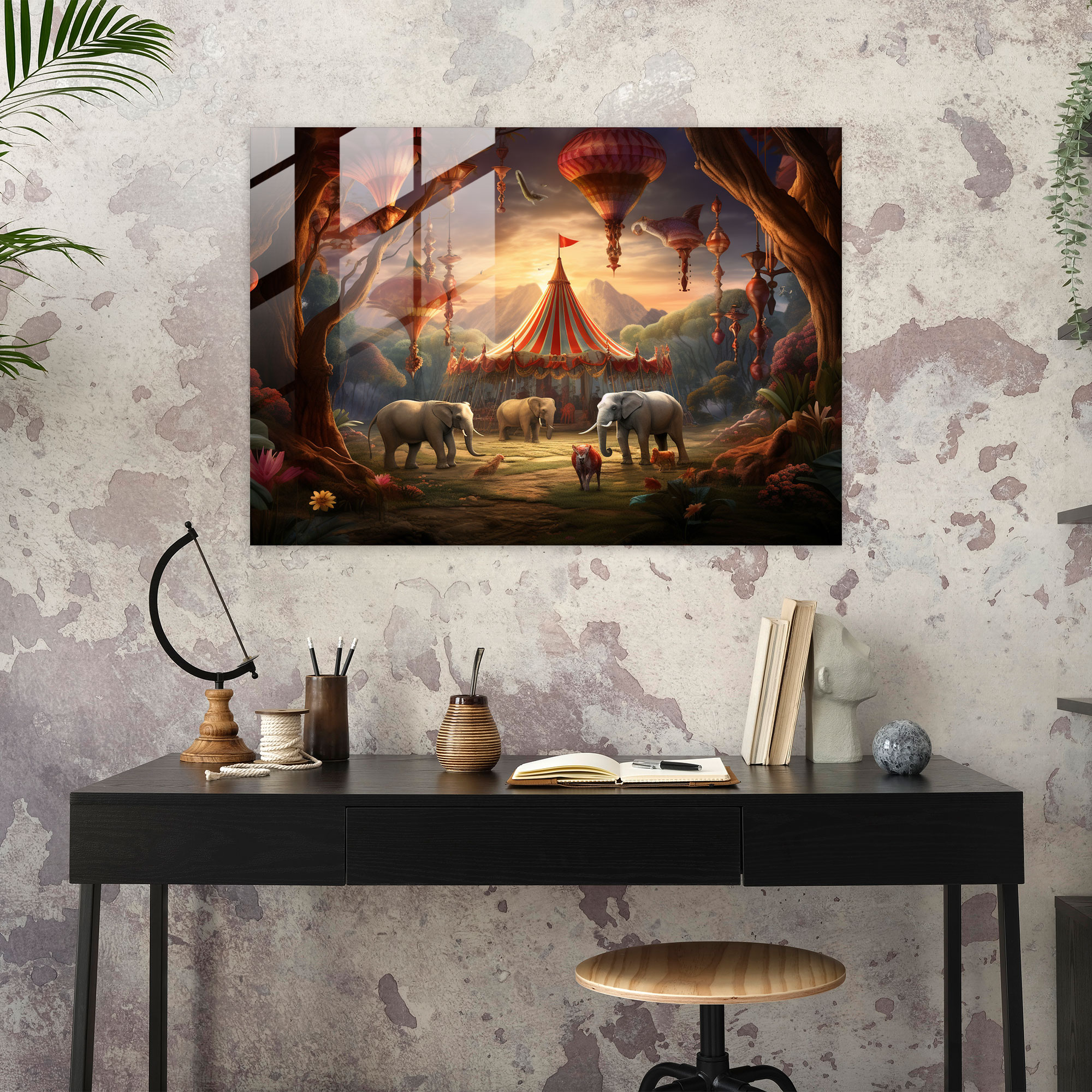 Glasbild Zirkuszauber - Zirkus Mythische Kreaturen Fantasie Glas Wandkunst