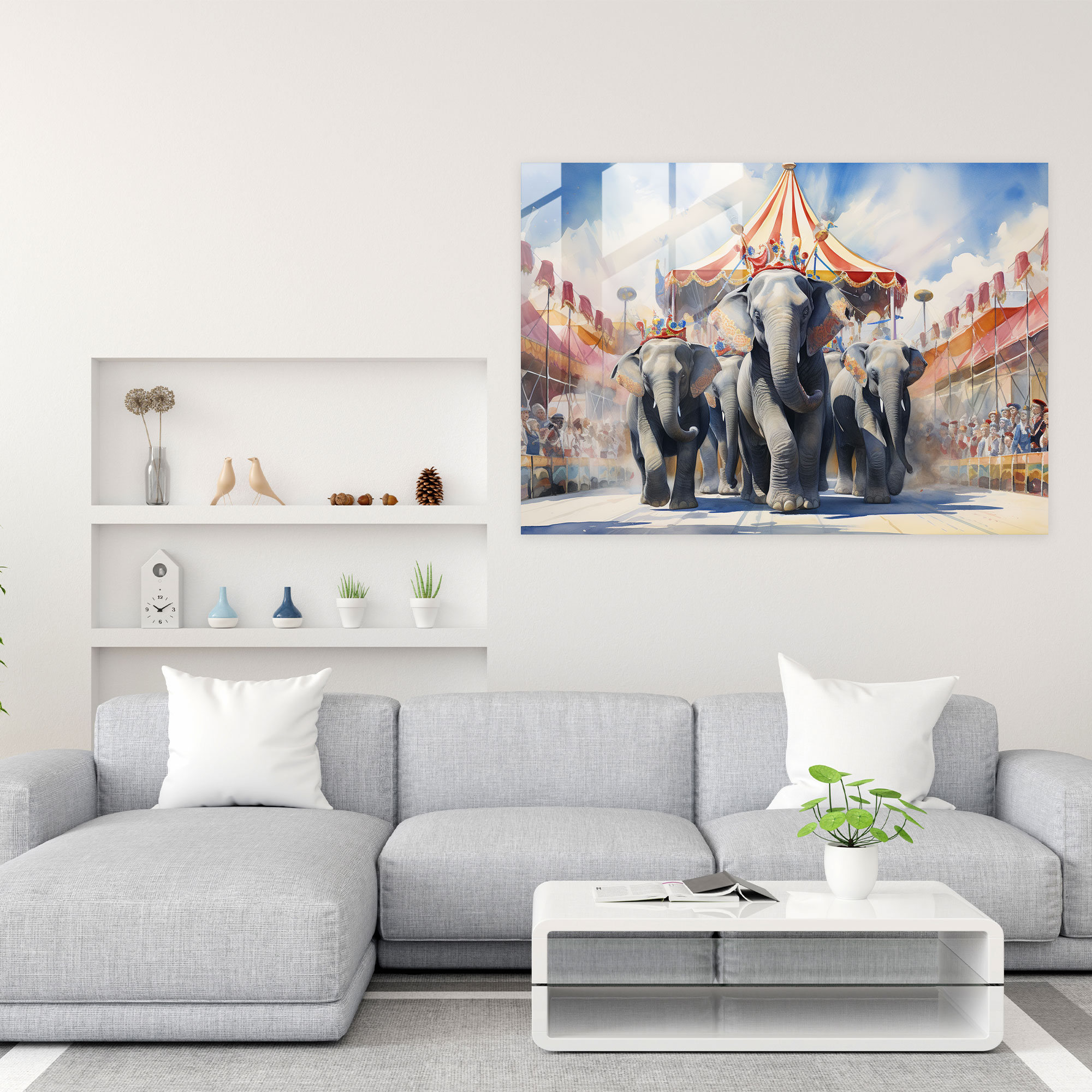 Prächtige Elefanten Glasbild - Zirkus Wanddekoration Zirkus Glas Kunst Aquarell Gemälde