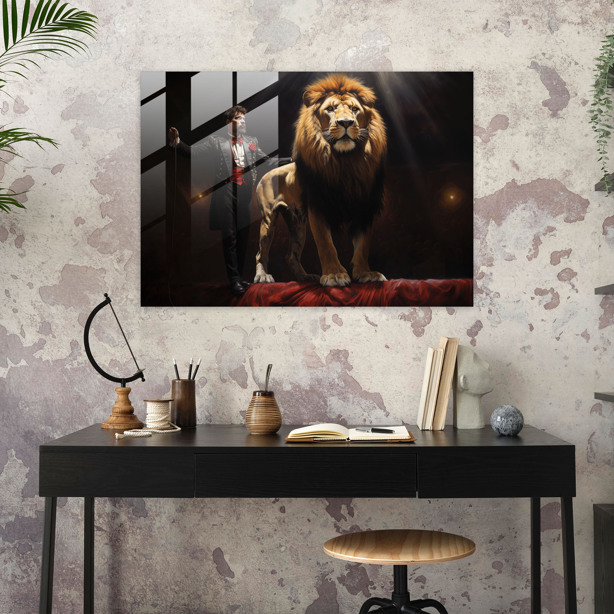 Majestätisches Löwen-Glasbild - Zirkus Zirkus Glaswandkunst Zirkus Glas Kunst Löwenbändiger