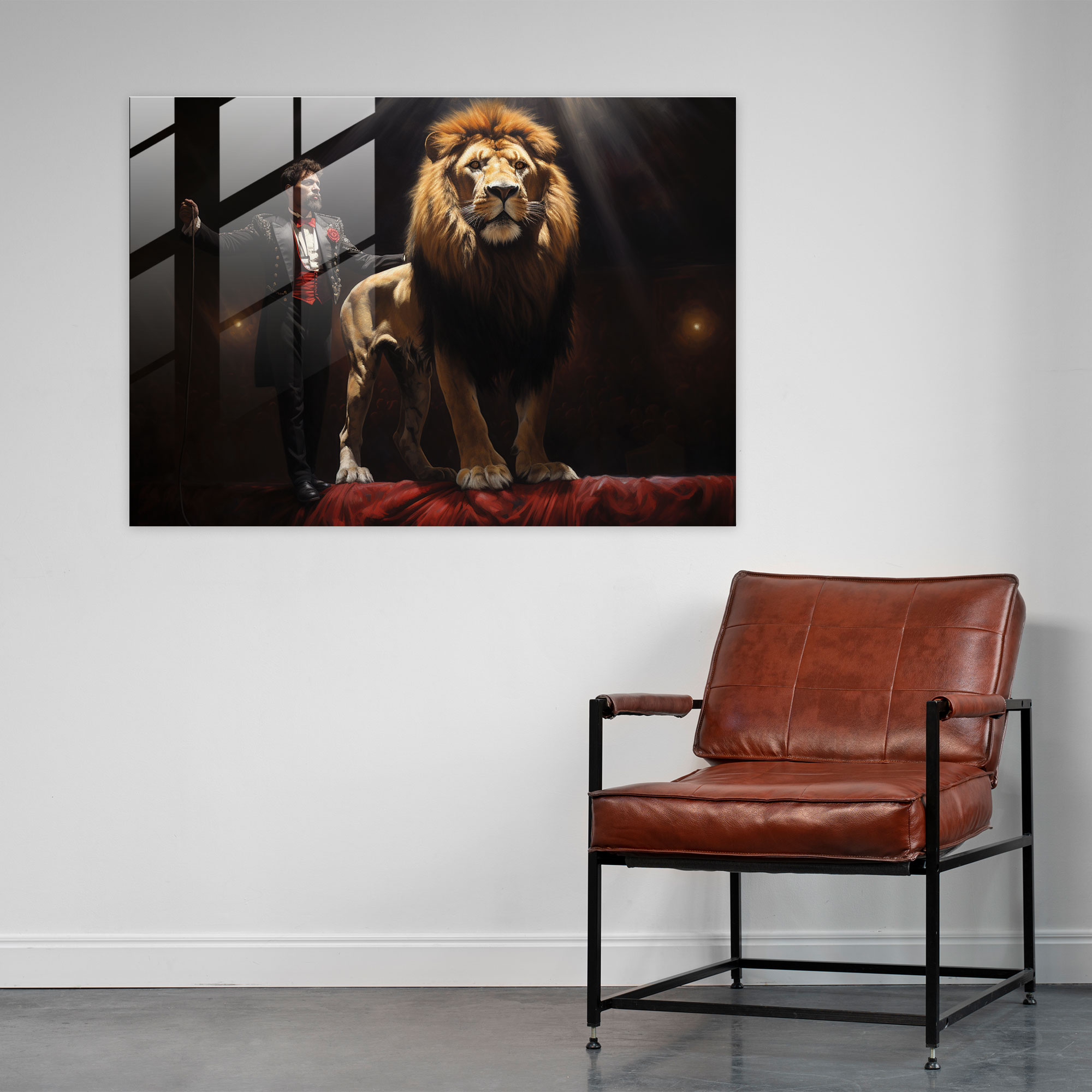 Majestätisches Löwen-Glasbild - Zirkus Zirkus Glaswandkunst Zirkus Glas Kunst Löwenbändiger
