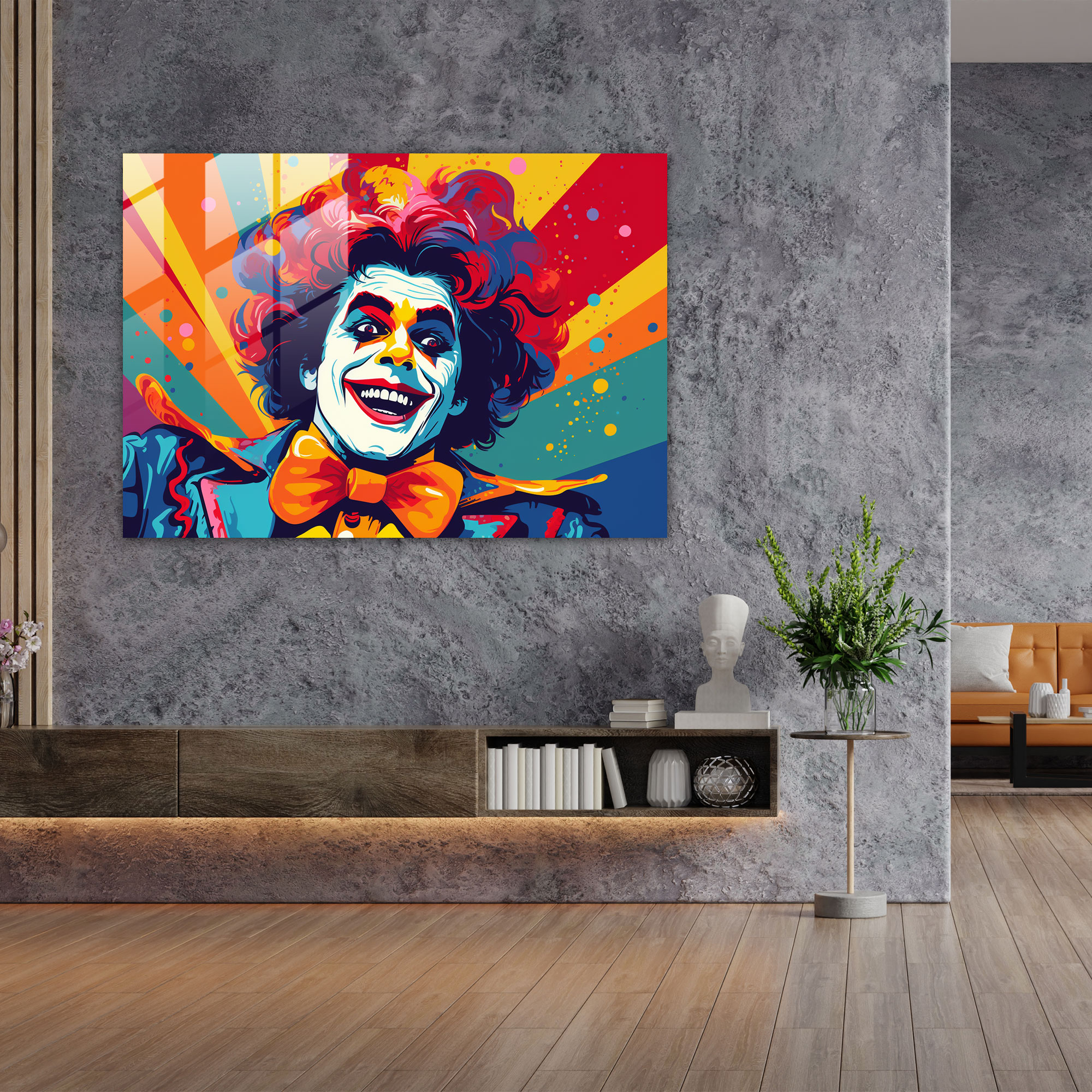 Spaßiger Zirkusclown Glasbild - Zirkus Wohnkultur übertriebene Merkmale kräftige Farben