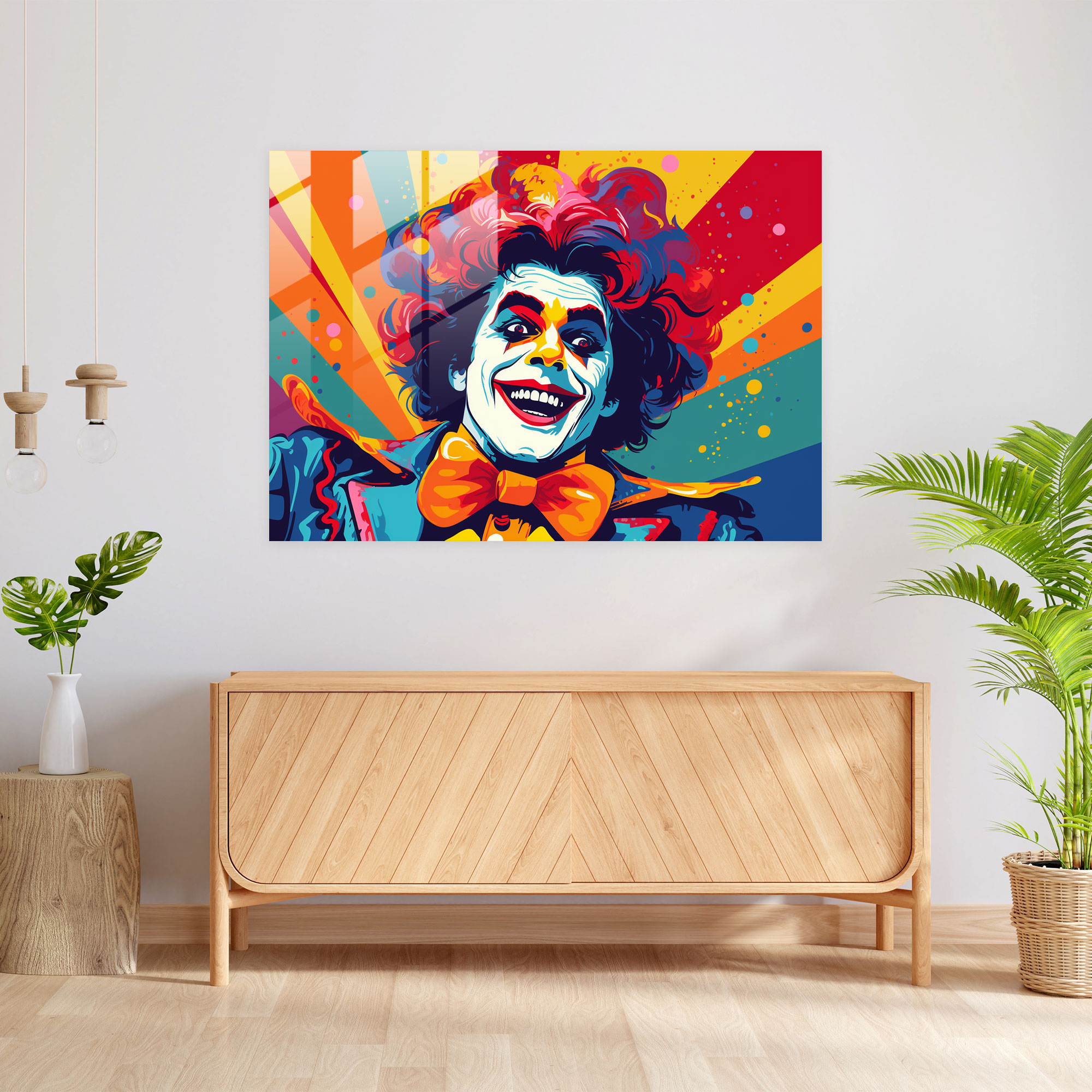 Spaßiger Zirkusclown Glasbild - Zirkus Wohnkultur übertriebene Merkmale kräftige Farben