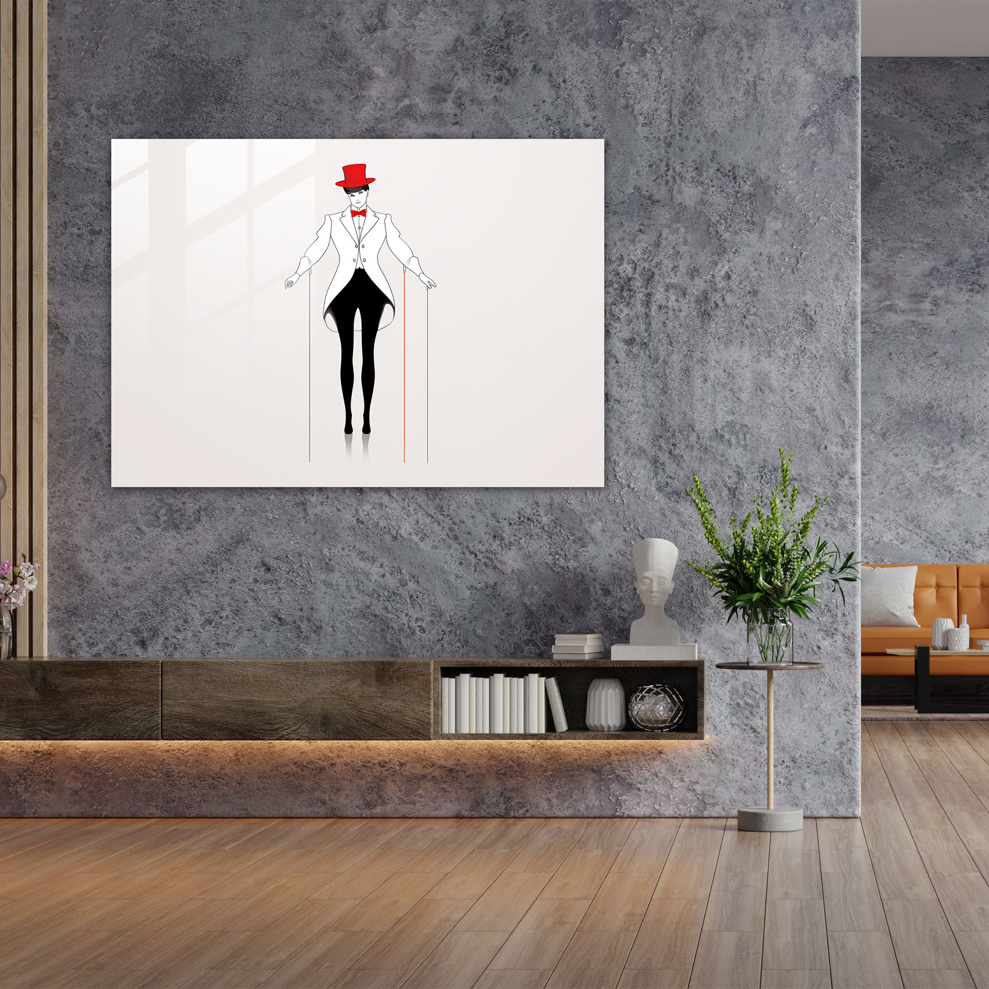 Eleganter Zirkus Ringmeister Glasbild - Zirkus Moderne Kunst Klassische Kleidung Minimalistische Zeichnung