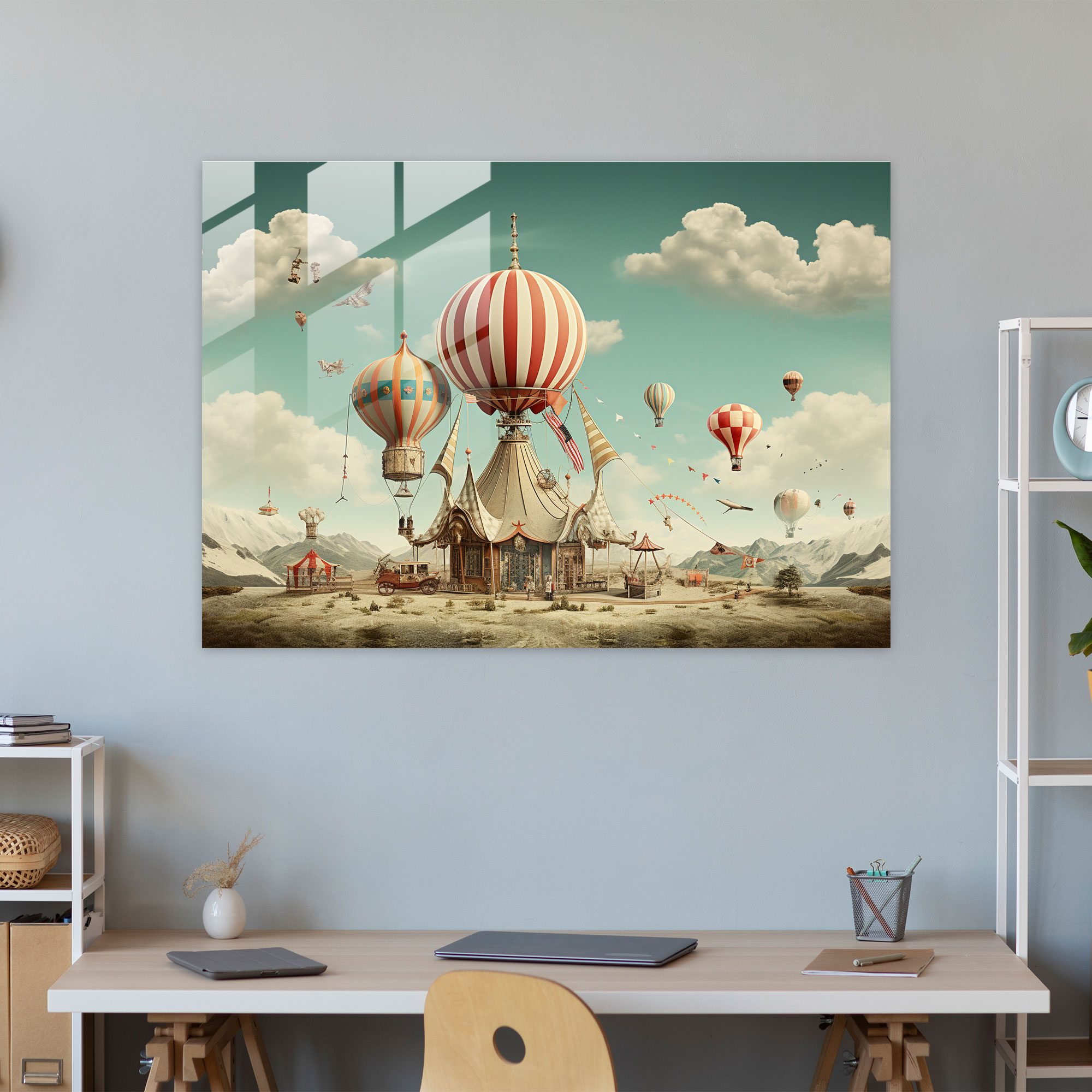 Glasbild Zirkus Traumlandschaften surreal Collage