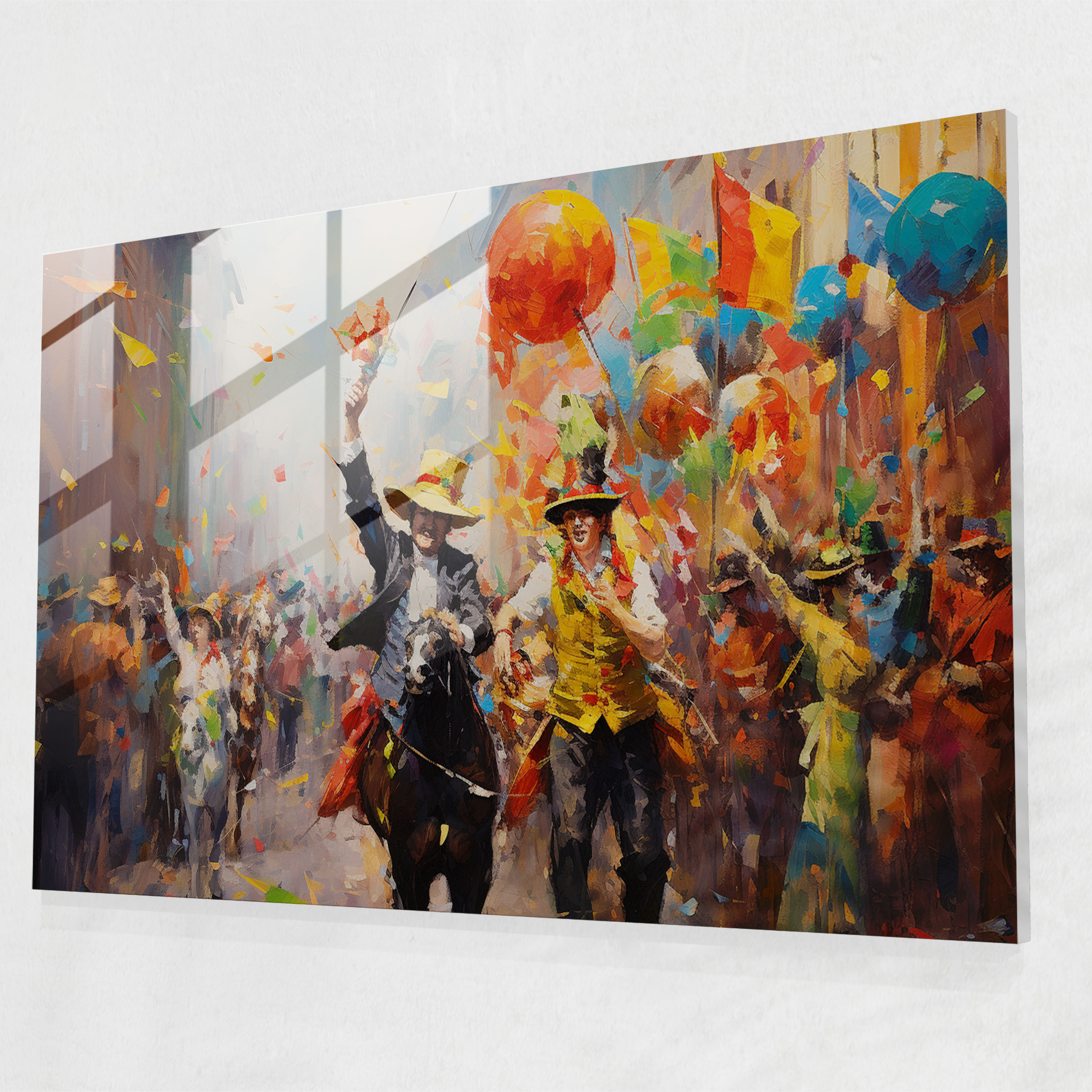 Buntes Zirkusparade Glasbild - Zirkus Impressionistisches Gemälde Wohnkultur Glaswandkunst