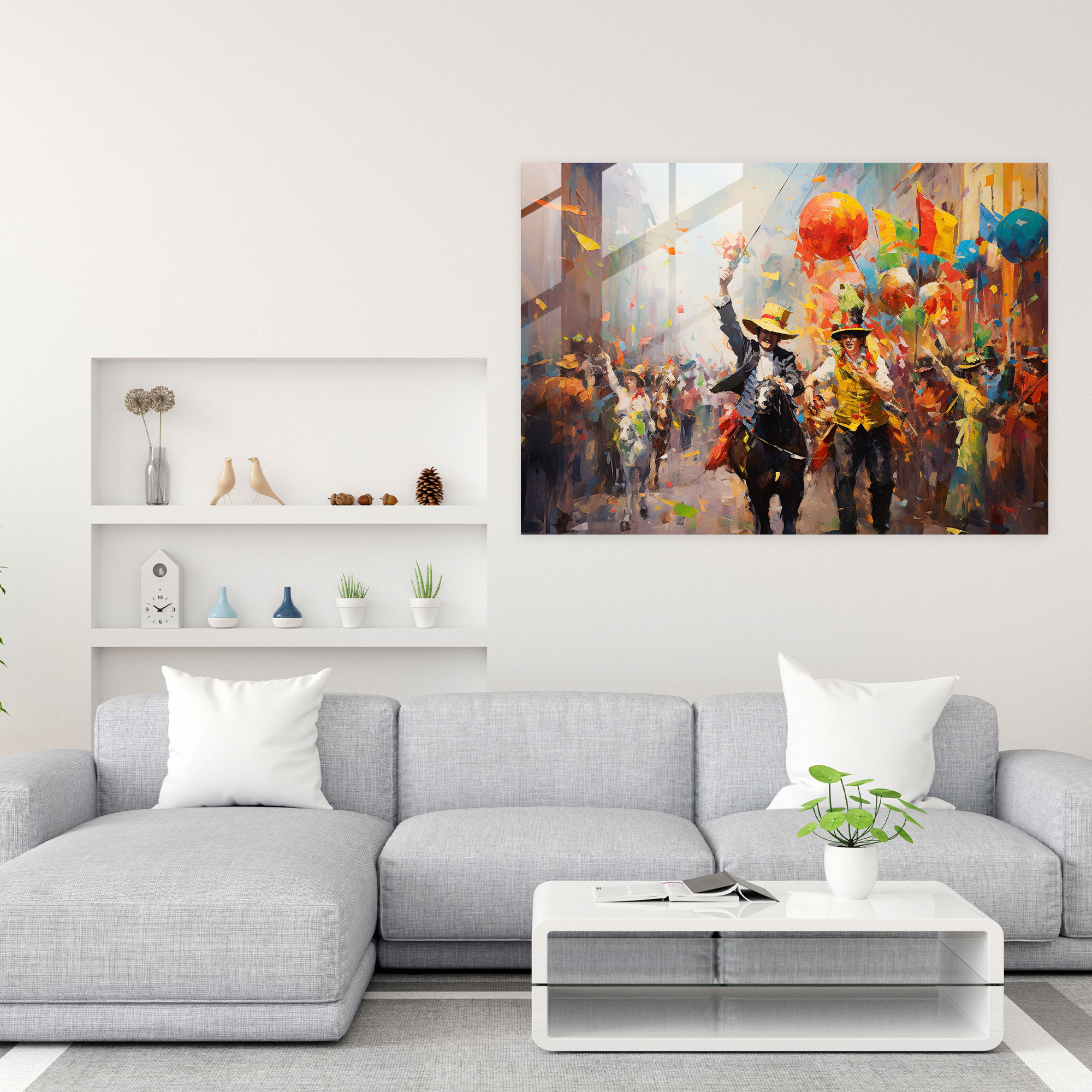 Buntes Zirkusparade Glasbild - Zirkus Impressionistisches Gemälde Wohnkultur Glaswandkunst