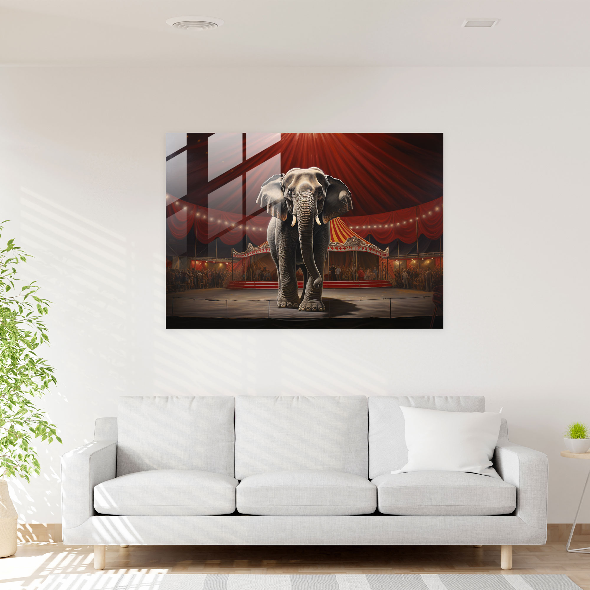 Graziler Zirkus-Elefant Glasbild - Zirkus Glas Kunst Wanddekoration Realistisches Ölgemälde