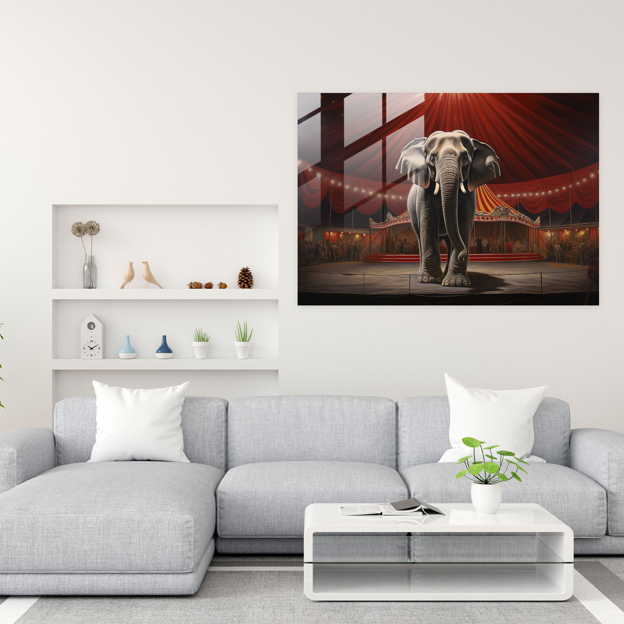 Graziler Zirkus-Elefant Glasbild - Zirkus Glas Kunst Wanddekoration Realistisches Ölgemälde