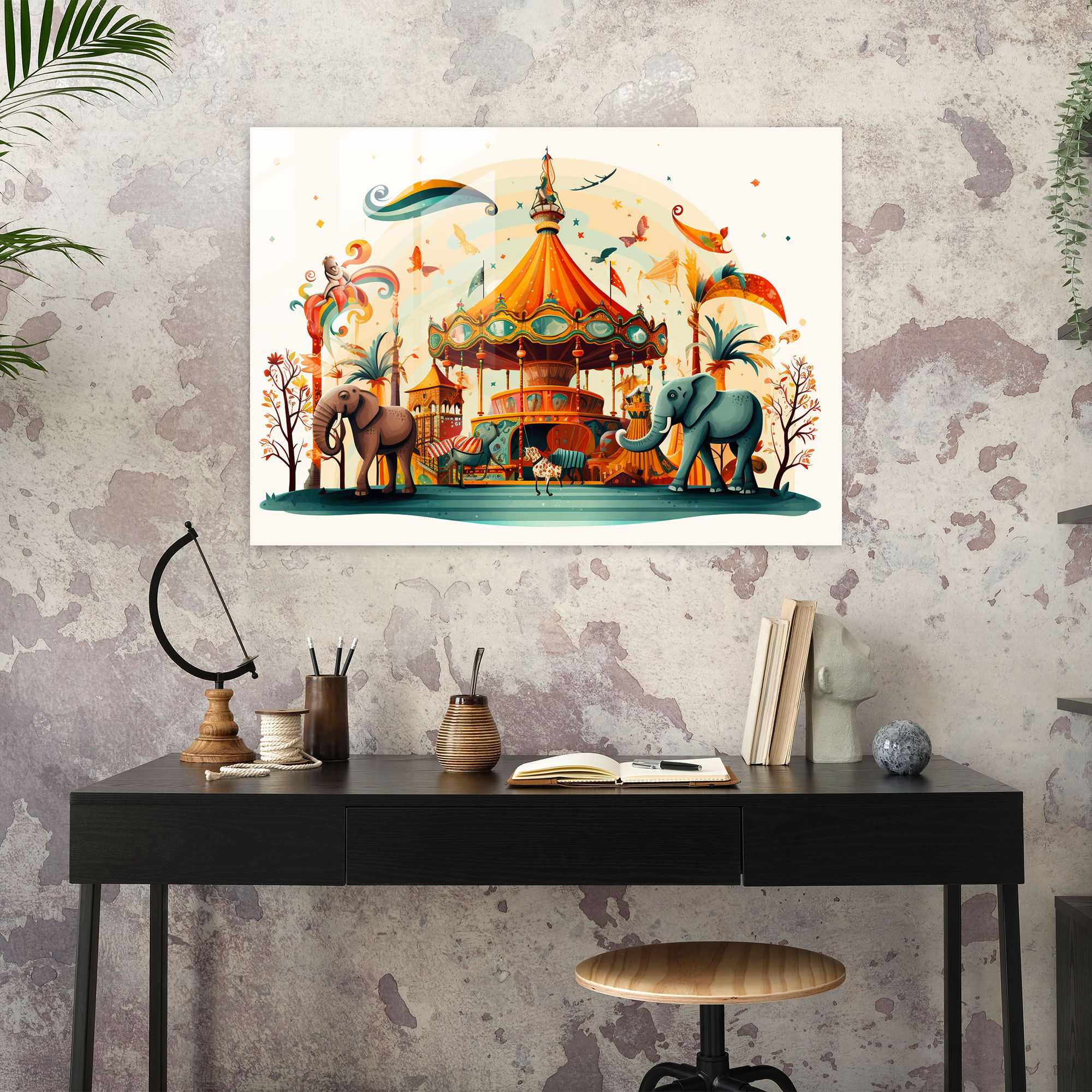 Verspieltes Zirkus-Karussell Glasbild - Zirkus verspielte Illustration Freude Glasbild