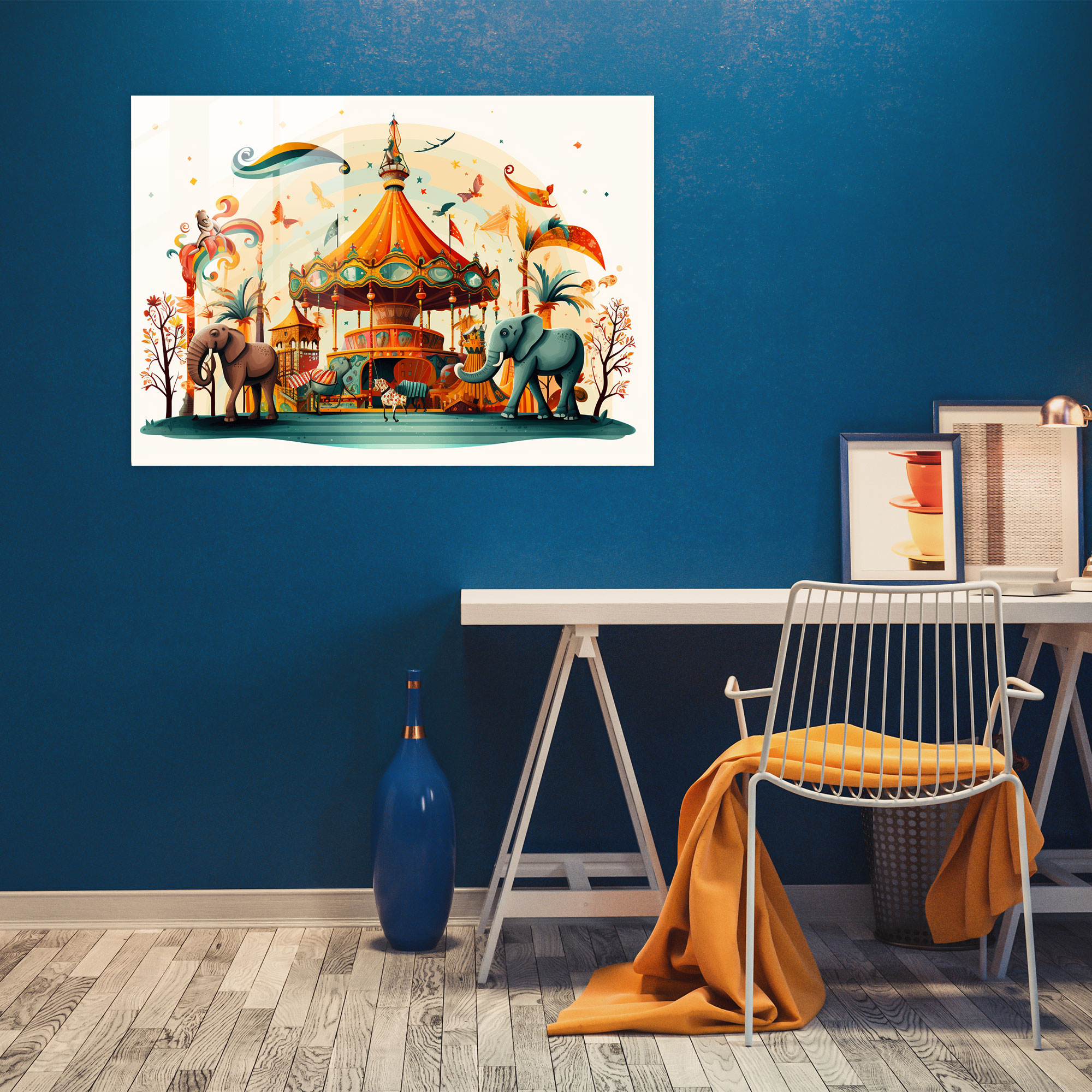 Verspieltes Zirkus-Karussell Glasbild - Zirkus verspielte Illustration Freude Glasbild