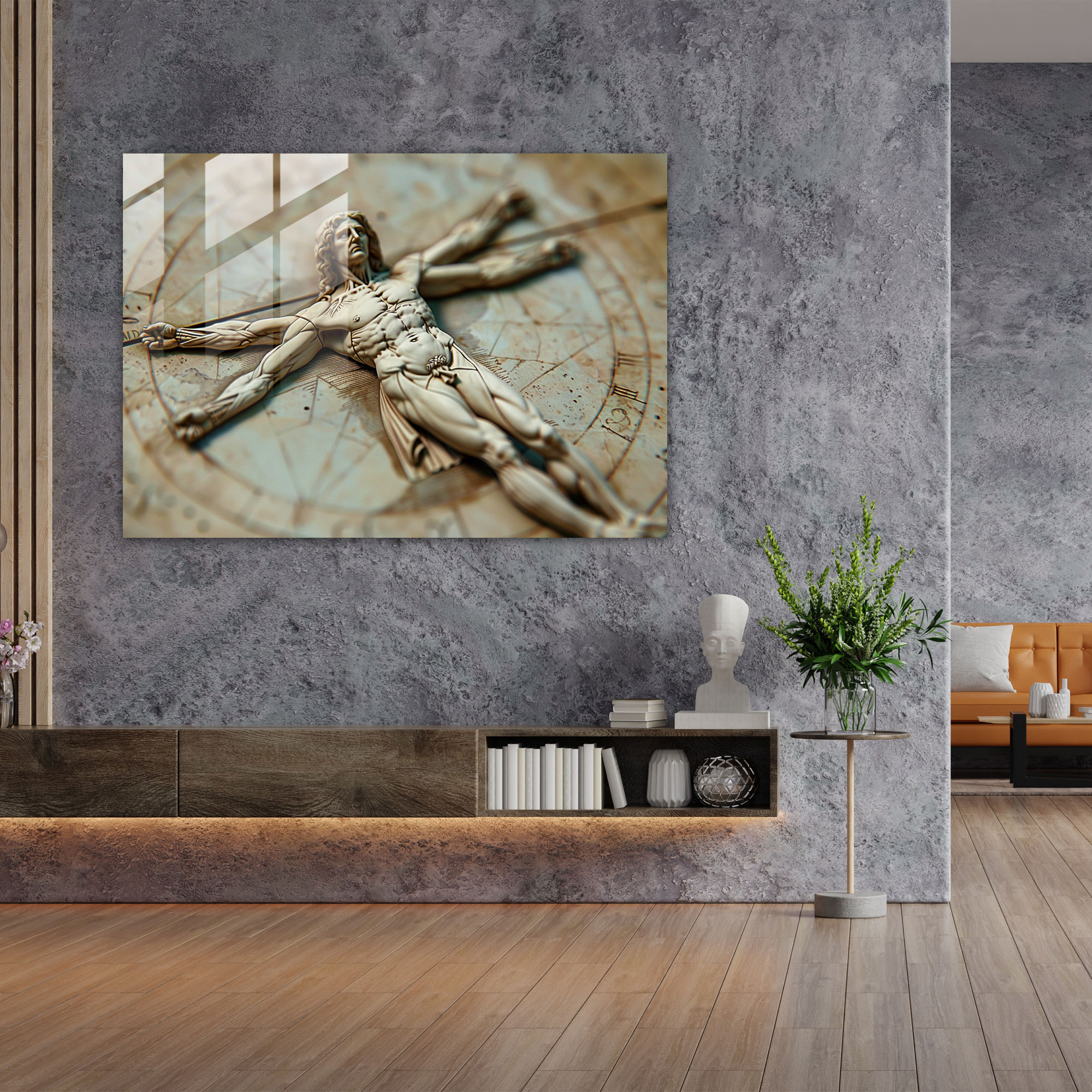 Klasik Dizayn Cam Tablo Vitruvius Adamı - Klasik Dizayn Da Vinci Cam Tablo Duvar Dekorasyonu