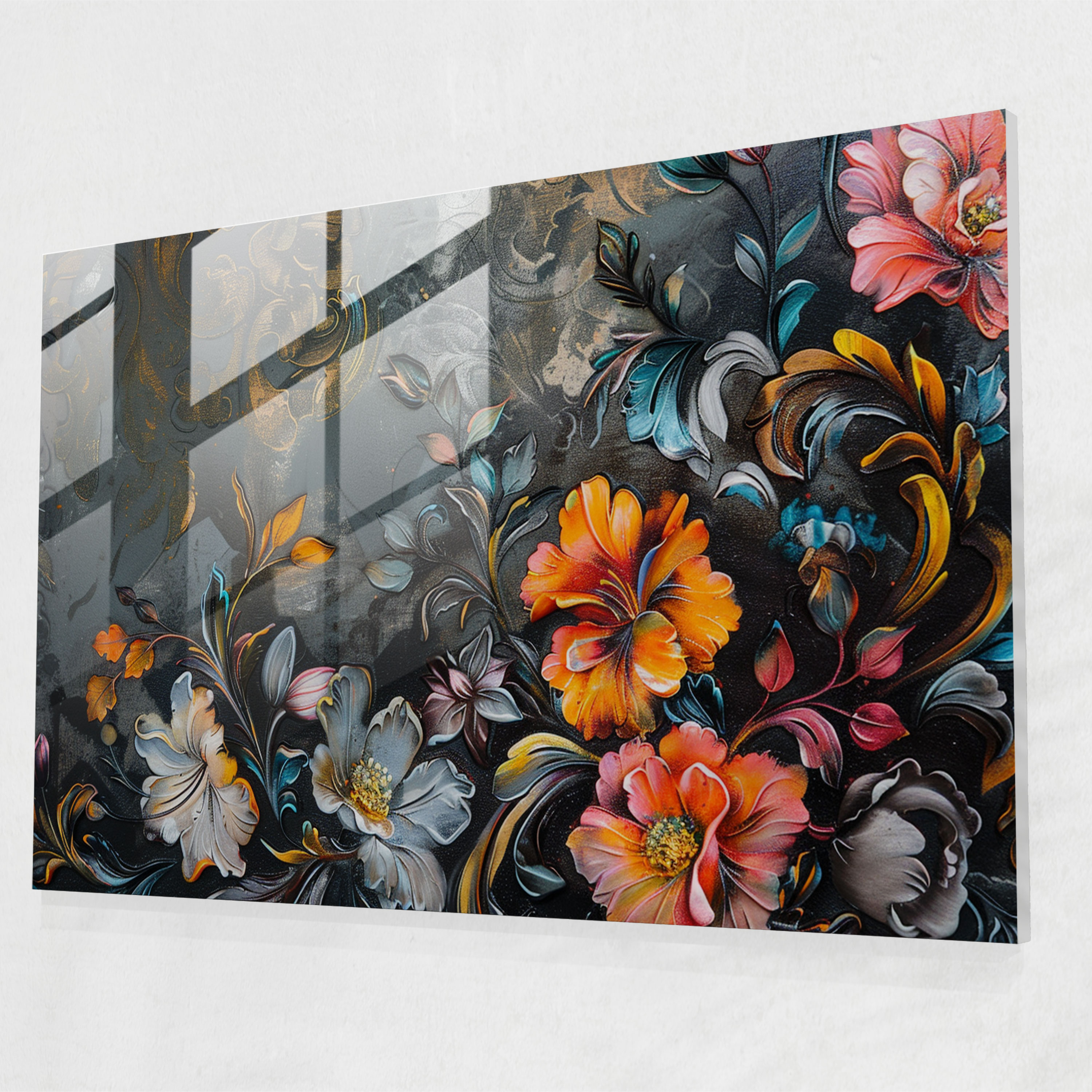Klasik Modern Sanat - Barok Esintili Çiçekli Desen - Klasik Ev Dekorasyonu Cam Tablo Cam Duvar Sanatı