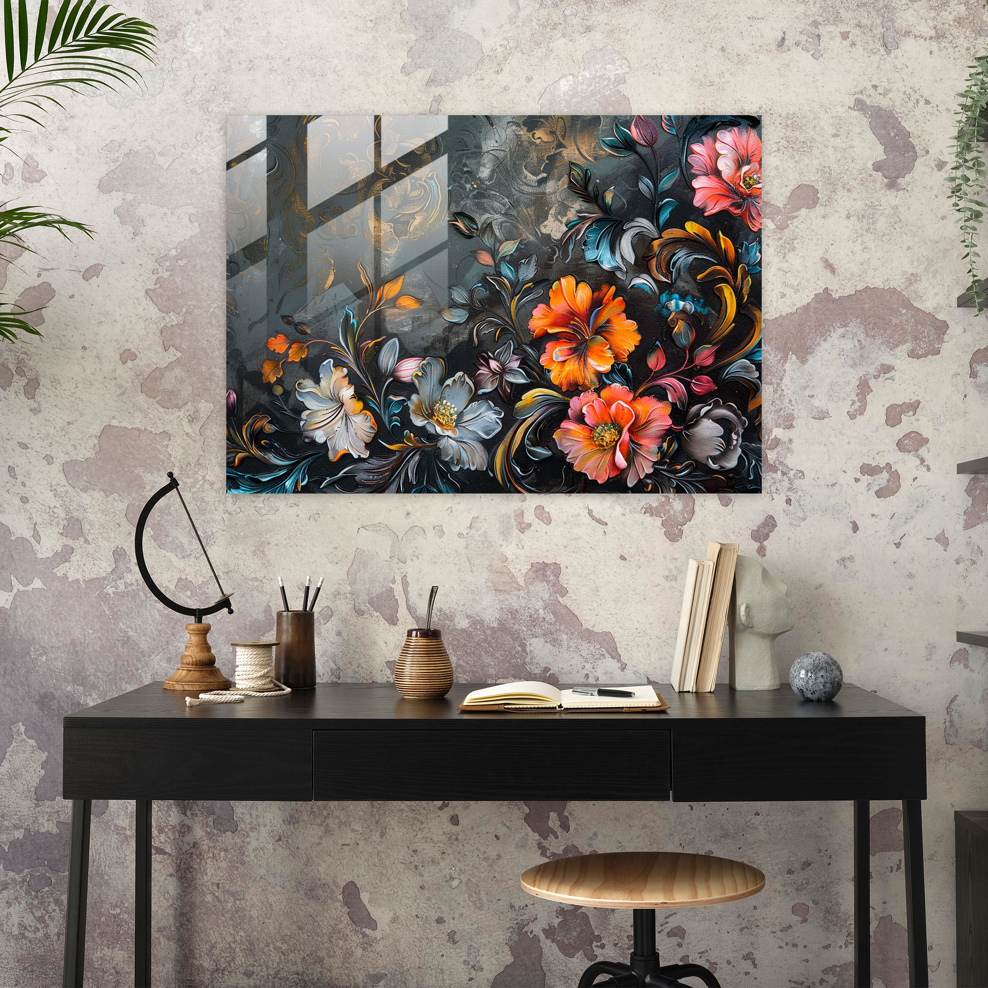 Klasik Modern Sanat - Barok Esintili Çiçekli Desen - Klasik Ev Dekorasyonu Cam Tablo Cam Duvar Sanatı