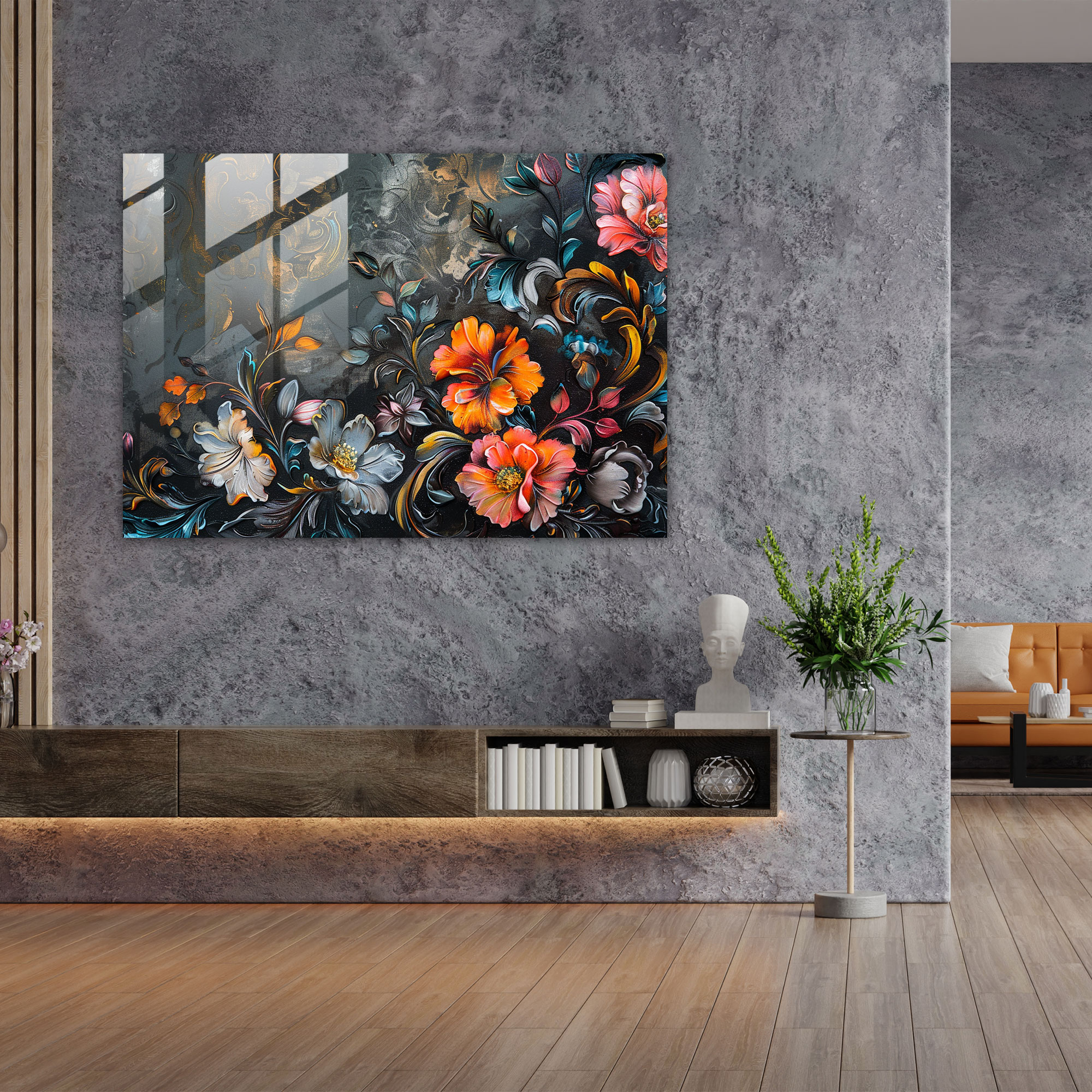 Klasik Modern Sanat - Barok Esintili Çiçekli Desen - Klasik Ev Dekorasyonu Cam Tablo Cam Duvar Sanatı