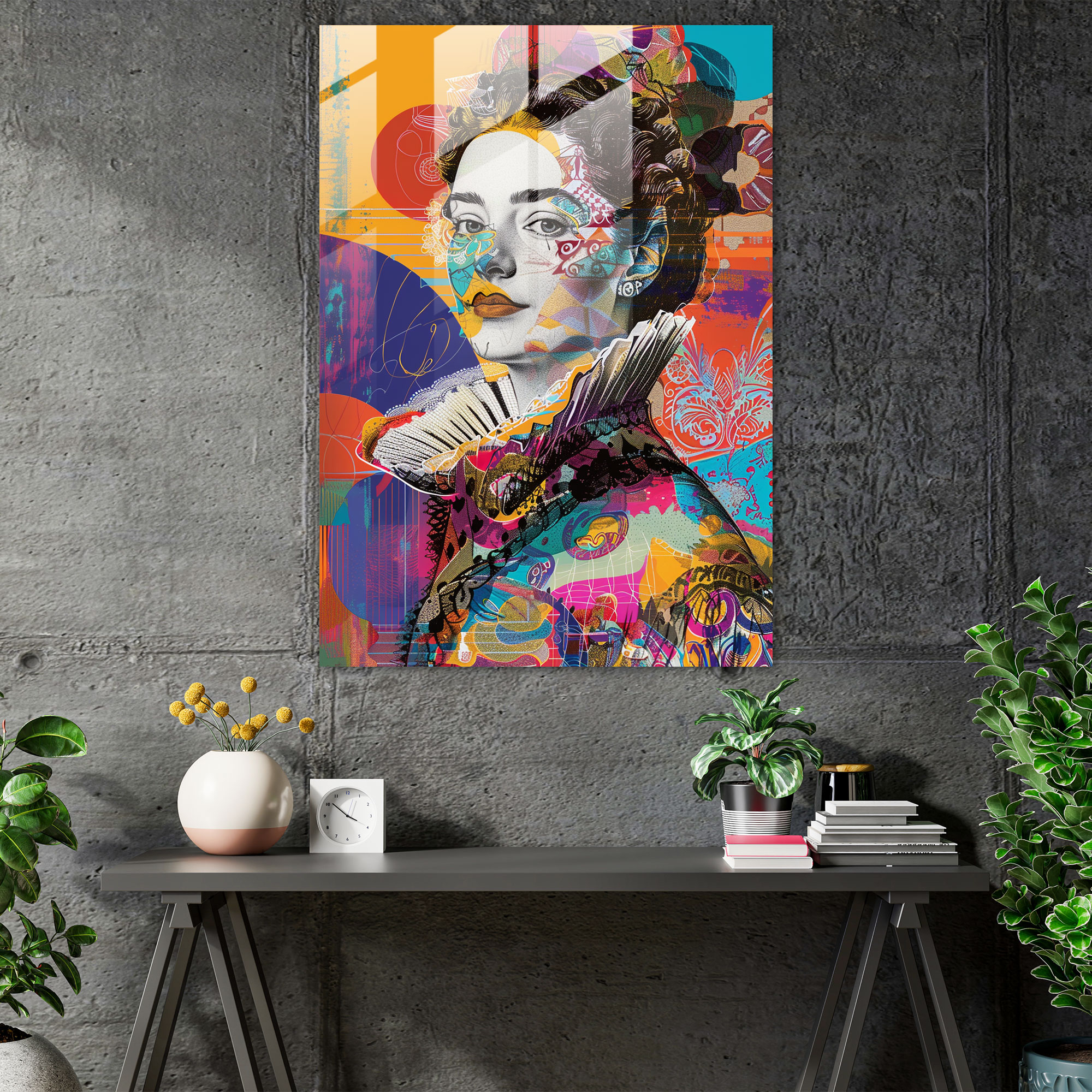 Baroque Pop Art Noblewoman Glass Print - Classicism+Popart, Wall Decoration, Glass Art, Classicism With Pop Art