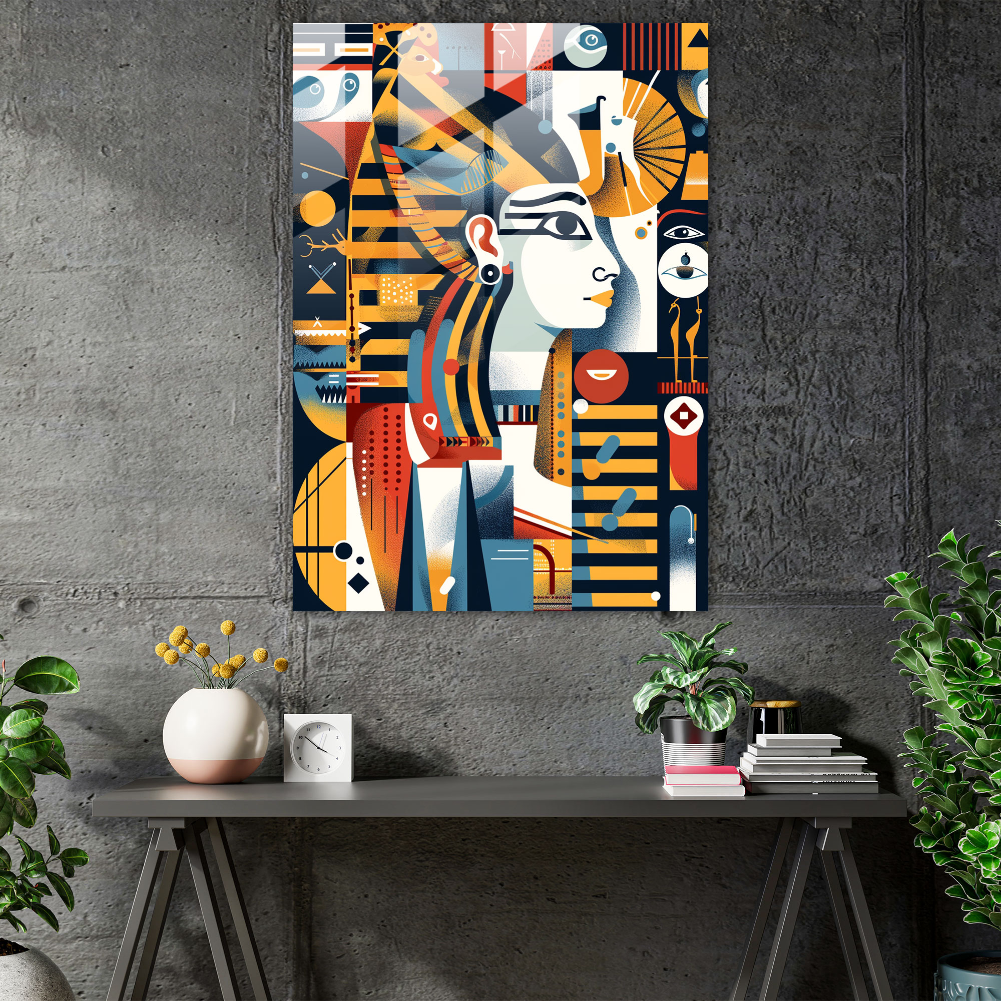 Klasik ve Pop Art Duvar Süslemesi - Klasikizm+Popart Mısır Hiyeroglifleri Cam Tablo Duvar Süslemesi
