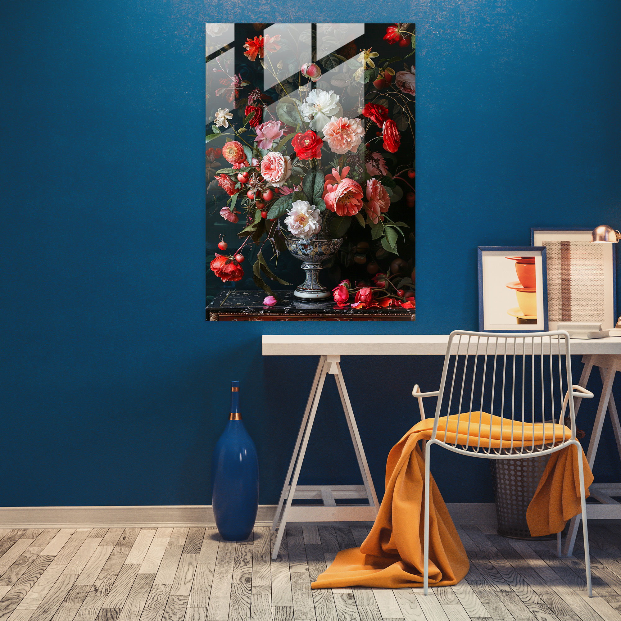 Çiçek Desenli Cam Duvar Sanatı - Klasik+Popart Modern Sanat Duvar Dekorasyonu Klasik Sanatı Pop Art ile Birleştirin.
