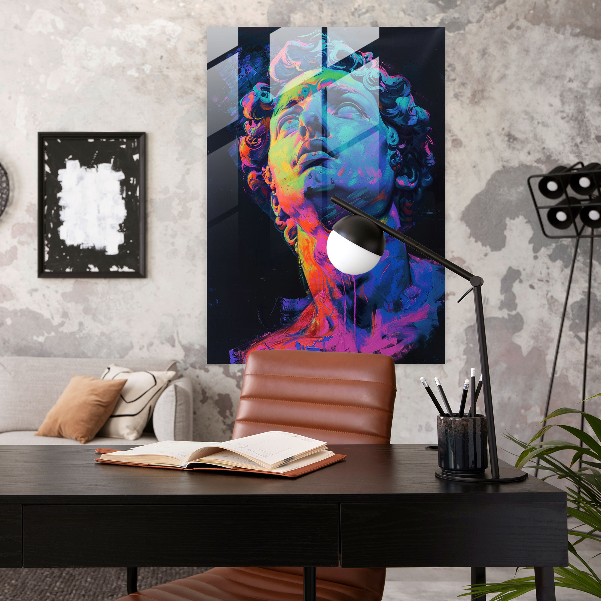 Neon Rönesans Cam Tablo - Klasizm ve Popartı Birleştirerek Modern Sanat Duvar Dekorasyonu