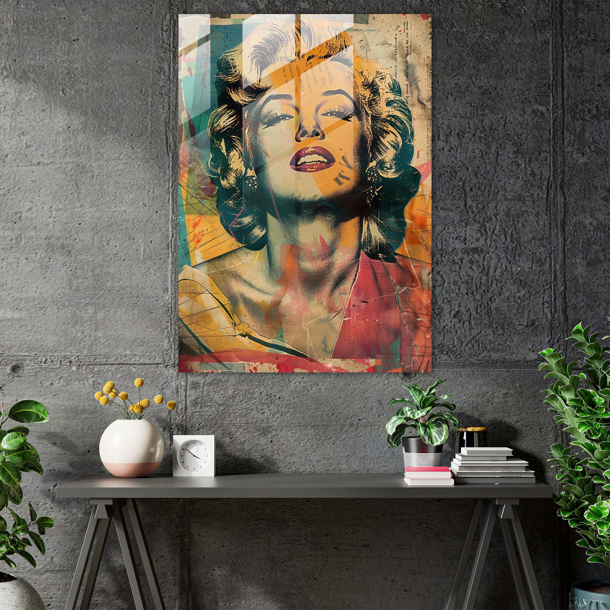 Pop Art ve Klasik Sanatın Buluşması Ev Dekorasyonu - Klasik Sanat ve Pop Art Ev Dekorasyonu Marilyn Monroe Cam Tablo Sanatı