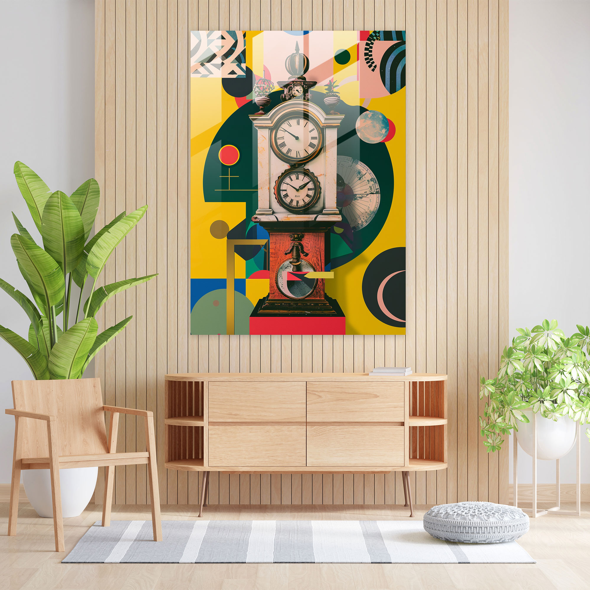 Klasizm ile Pop Art Duvar Dekorasyonu - Antika Saatli Kanvas Tablo Modern Sanat Cam Tablo