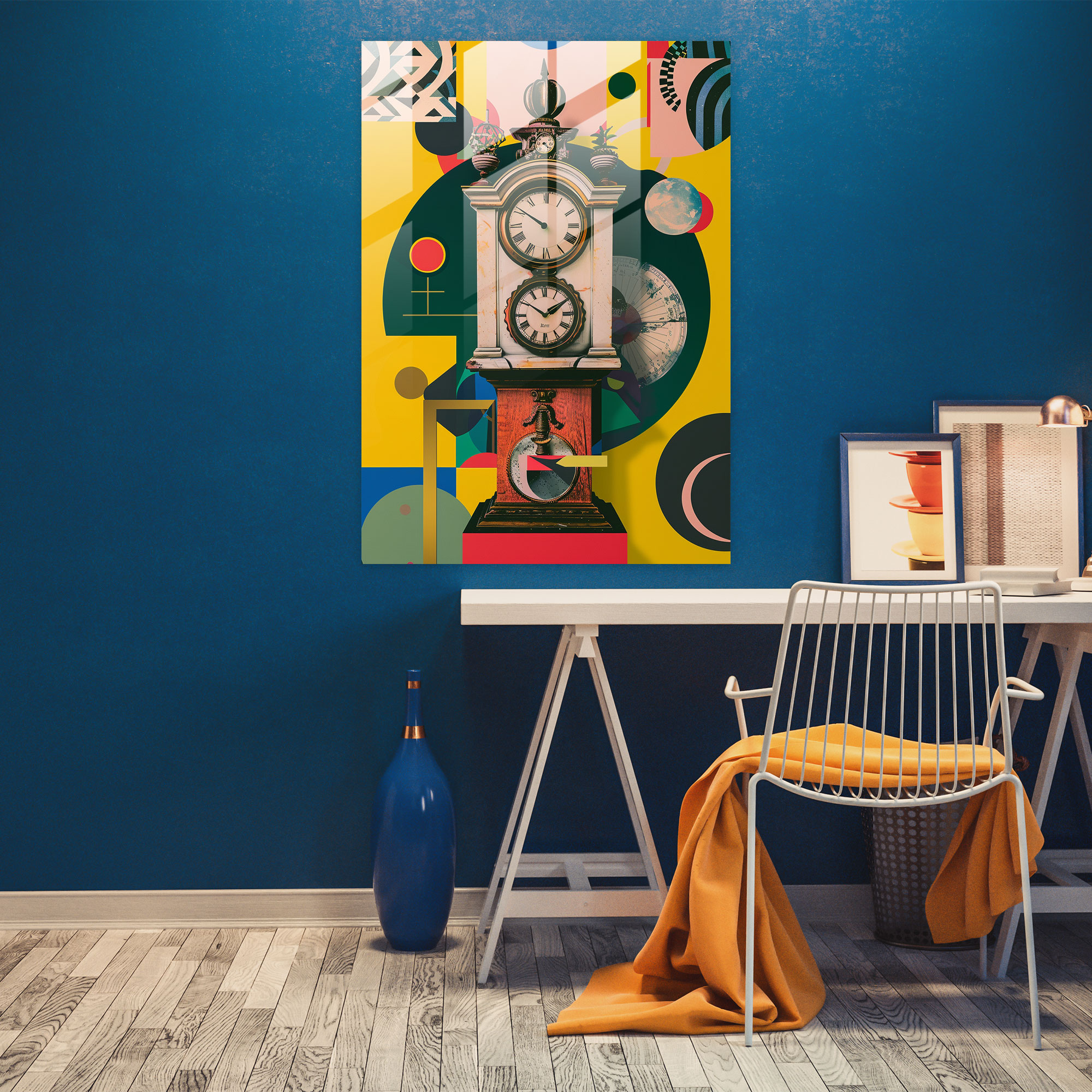 Klasizm ile Pop Art Duvar Dekorasyonu - Antika Saatli Kanvas Tablo Modern Sanat Cam Tablo