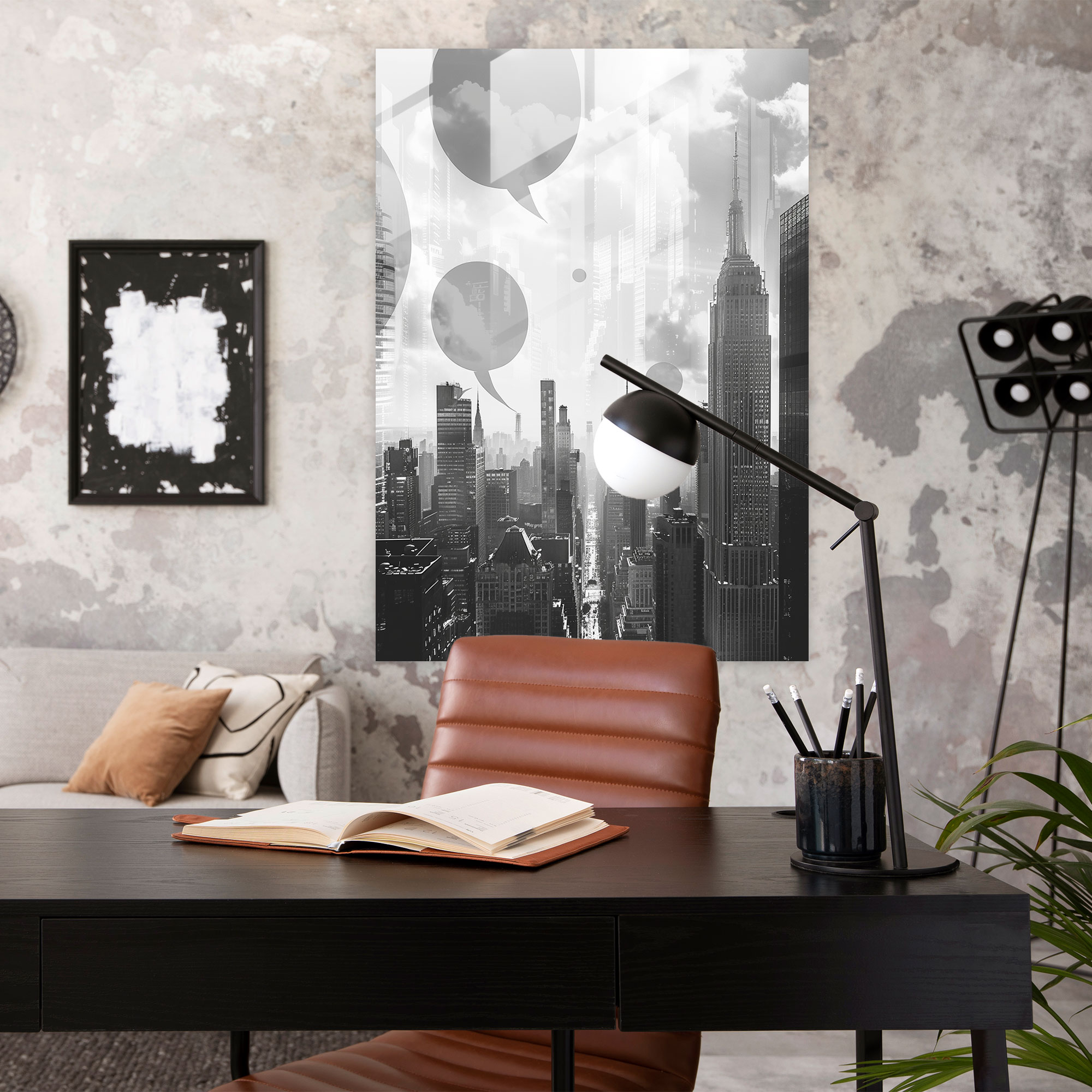 Klasizm ile Pop Sanat Cam Tablosu - Siyah Beyaz Cam Sanat Şehir Silueti