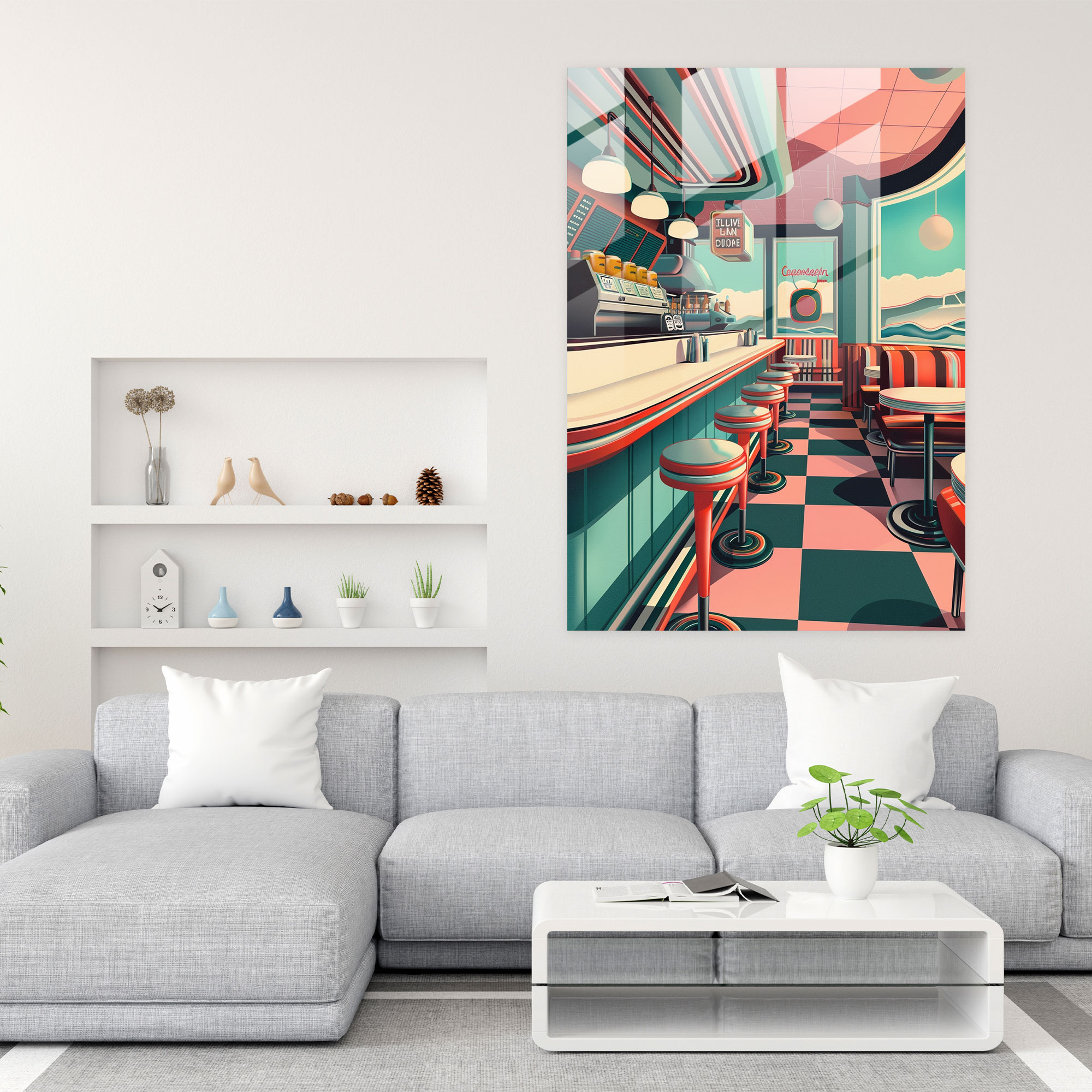 Retro Diner Glass Wall Art - Classicism+Popart, Wall Decoration, Modern Art, Glass Wall Art