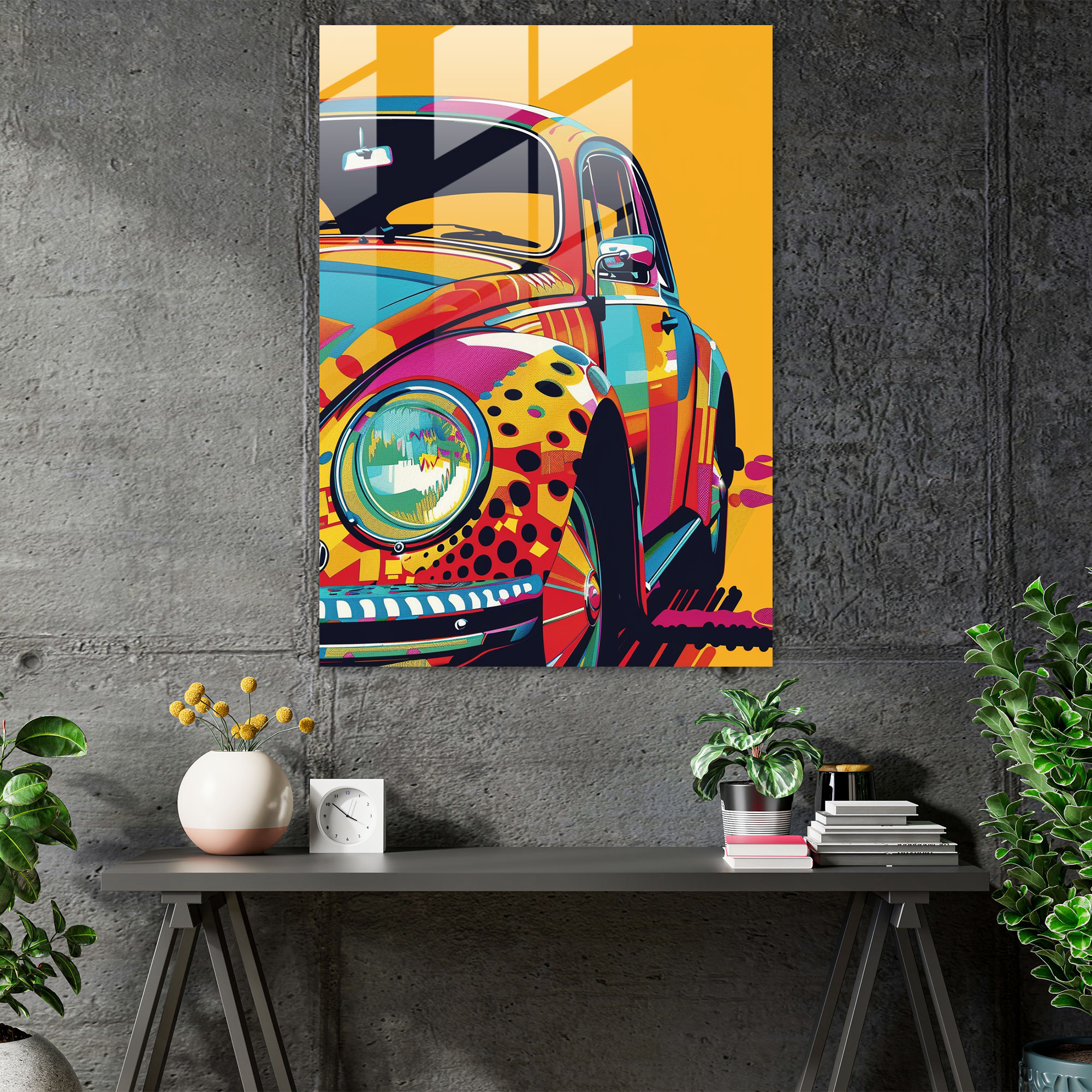 Pop Art Araba Cam Tablo - Klasikizm+Popart Ev Dekorasyonu Cam Sanatı Duvar Dekorasyonu