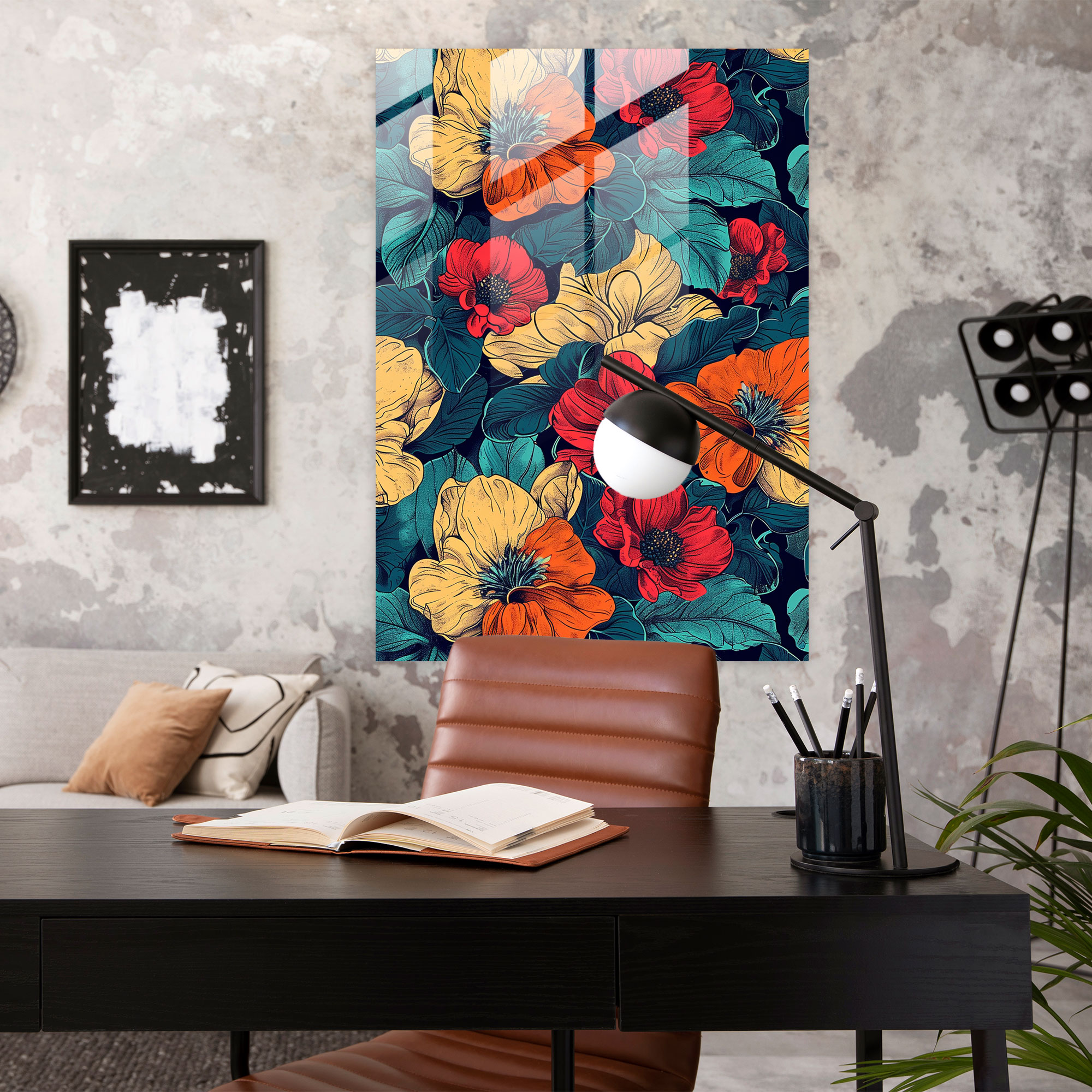 Pop Art Çiçek Desenli Cam Tablo - Klasizm ve Popart Çiçek Deseni Pop Art ile Klasizm Ev Dekorasyonu