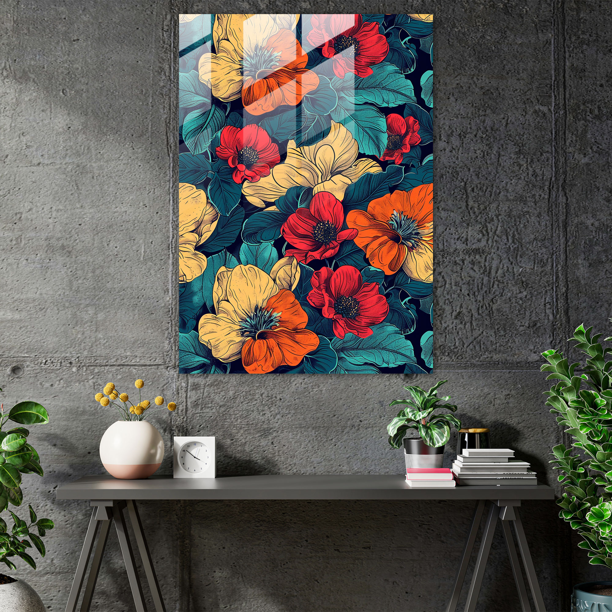 Pop Art Çiçek Desenli Cam Tablo - Klasizm ve Popart Çiçek Deseni Pop Art ile Klasizm Ev Dekorasyonu