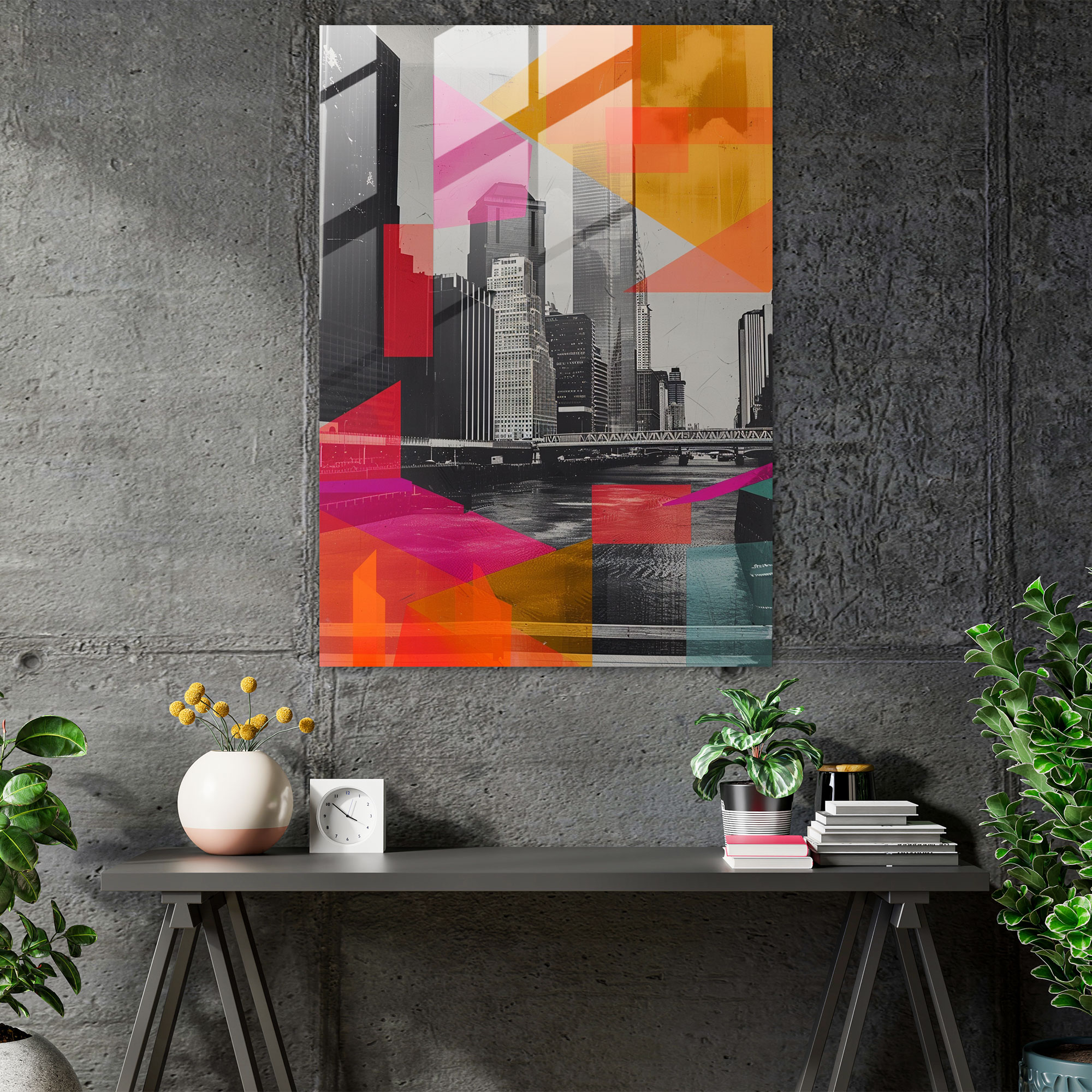 Geometrik Şehir Manzaralı Cam Tablo - Klasik ve Popart Tarzı Ev Dekorasyonu Modern Sanat
