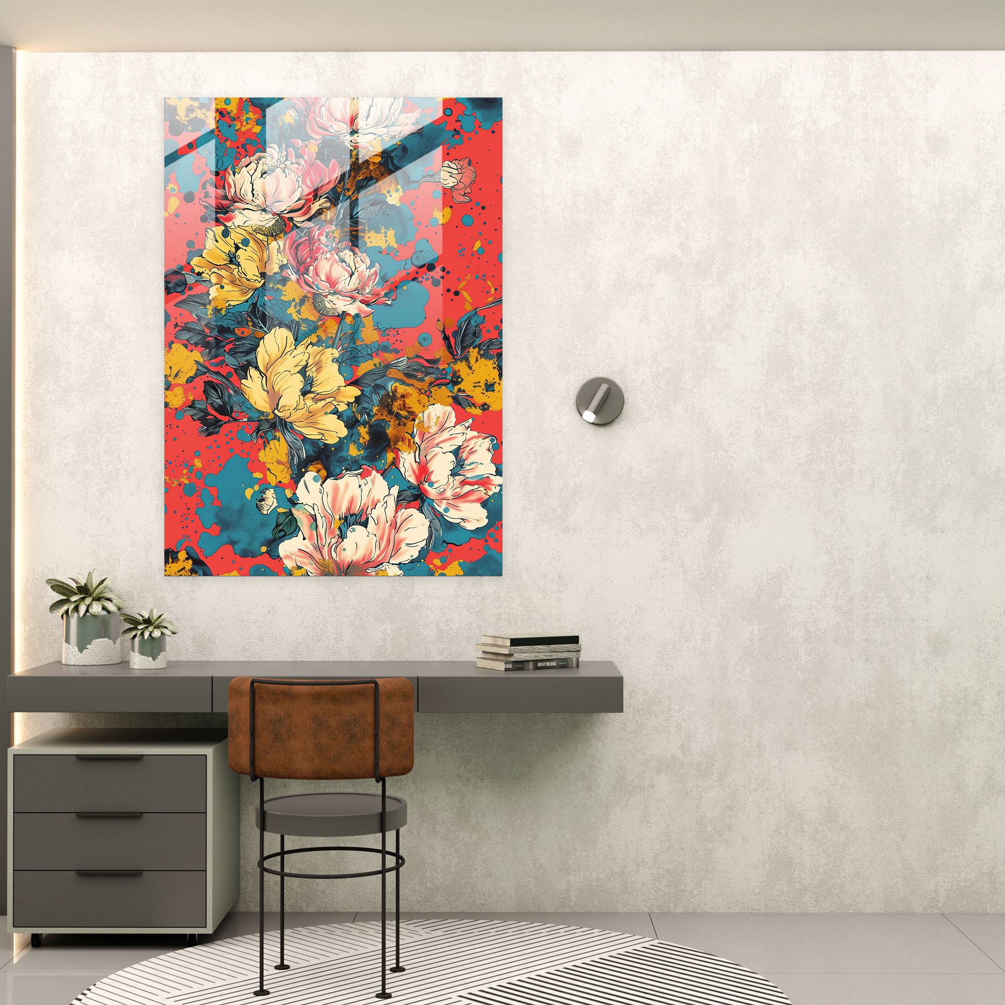 Çiçek Desenli Pop Art Cam Tablo - Klasik+Popart Tarzında Duvar Dekorasyonu