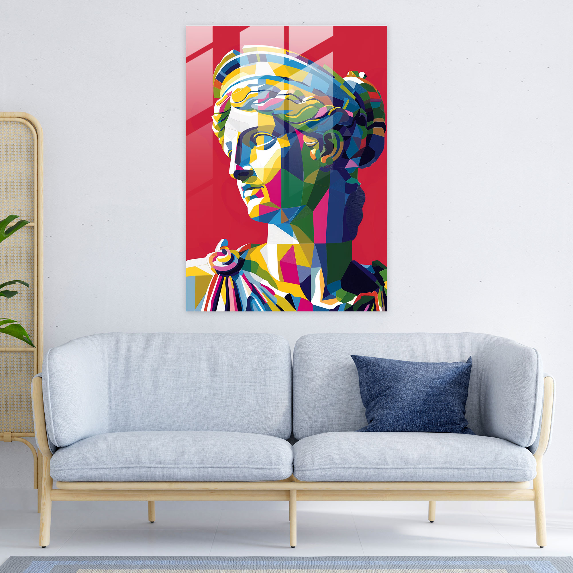 Klasizm ve Pop Art'ın Birleşimi: Yunan Tanrıçası Pop Art Cam Tablo - Klasizm ve Pop Art'ı Birleştirin Cam Sanatı.