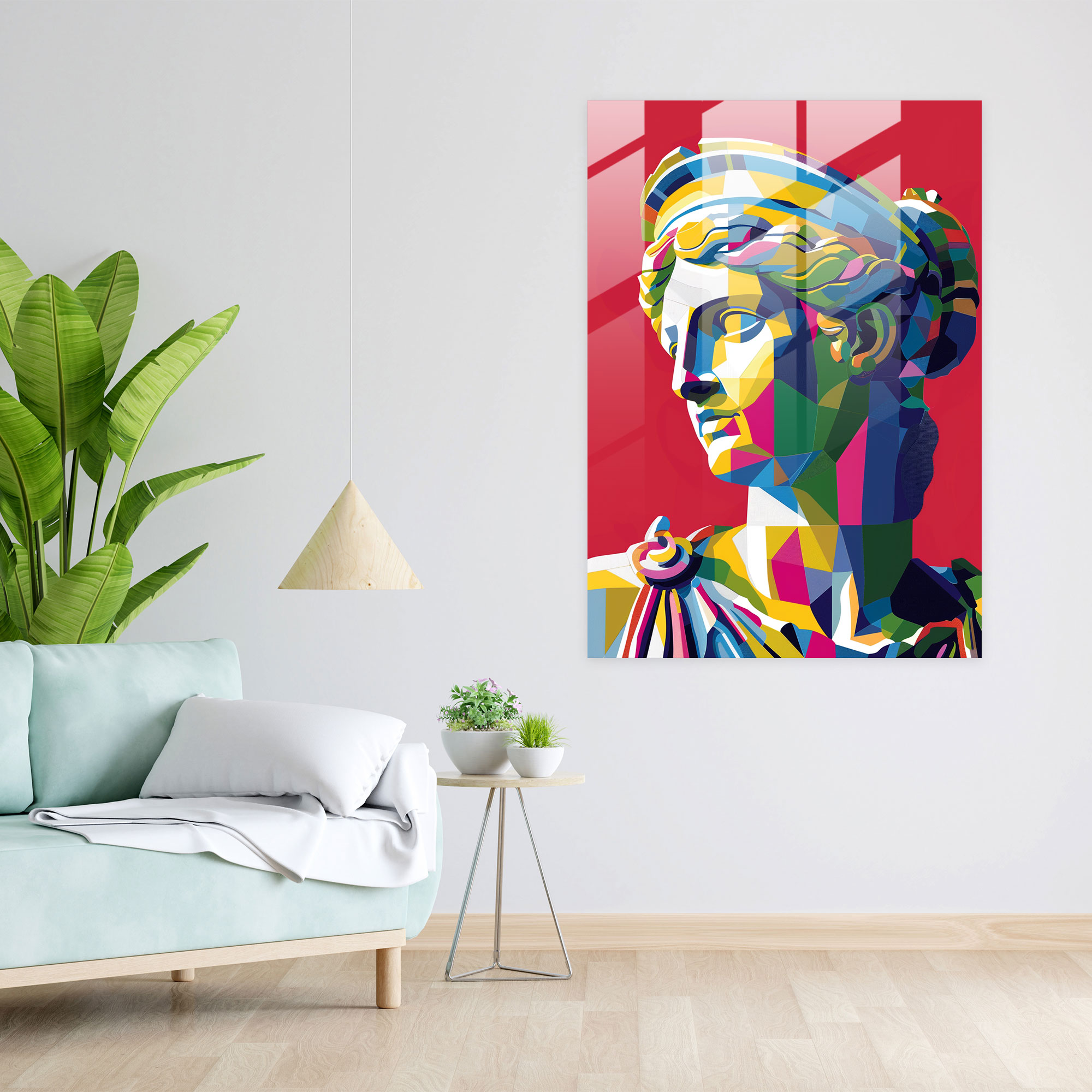 Klasizm ve Pop Art'ın Birleşimi: Yunan Tanrıçası Pop Art Cam Tablo - Klasizm ve Pop Art'ı Birleştirin Cam Sanatı.