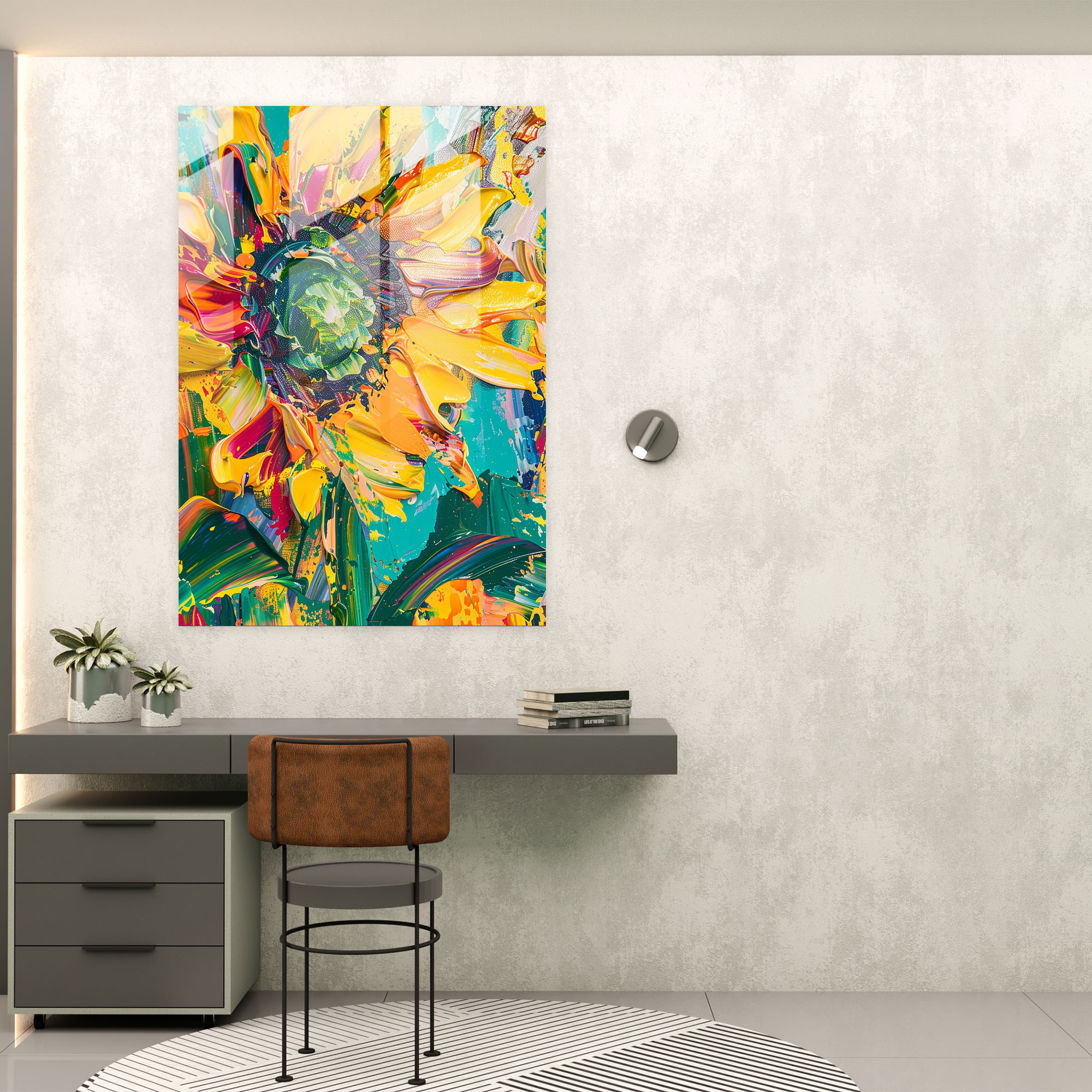 Sunflower Field In Energetic Pop Art Glass Print - Classicism+Popart, Wall Decoration, Glass Art, Modern Art