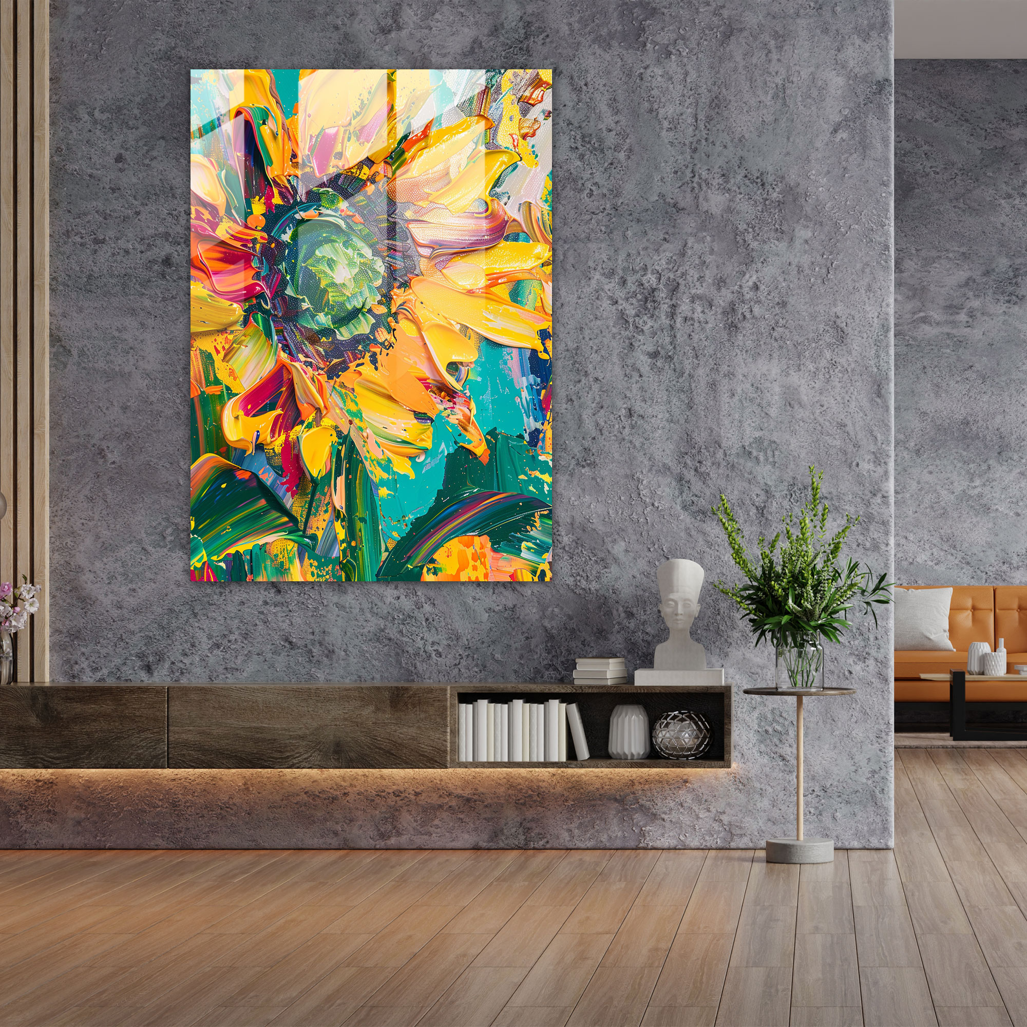 Sunflower Field In Energetic Pop Art Glass Print - Classicism+Popart, Wall Decoration, Glass Art, Modern Art