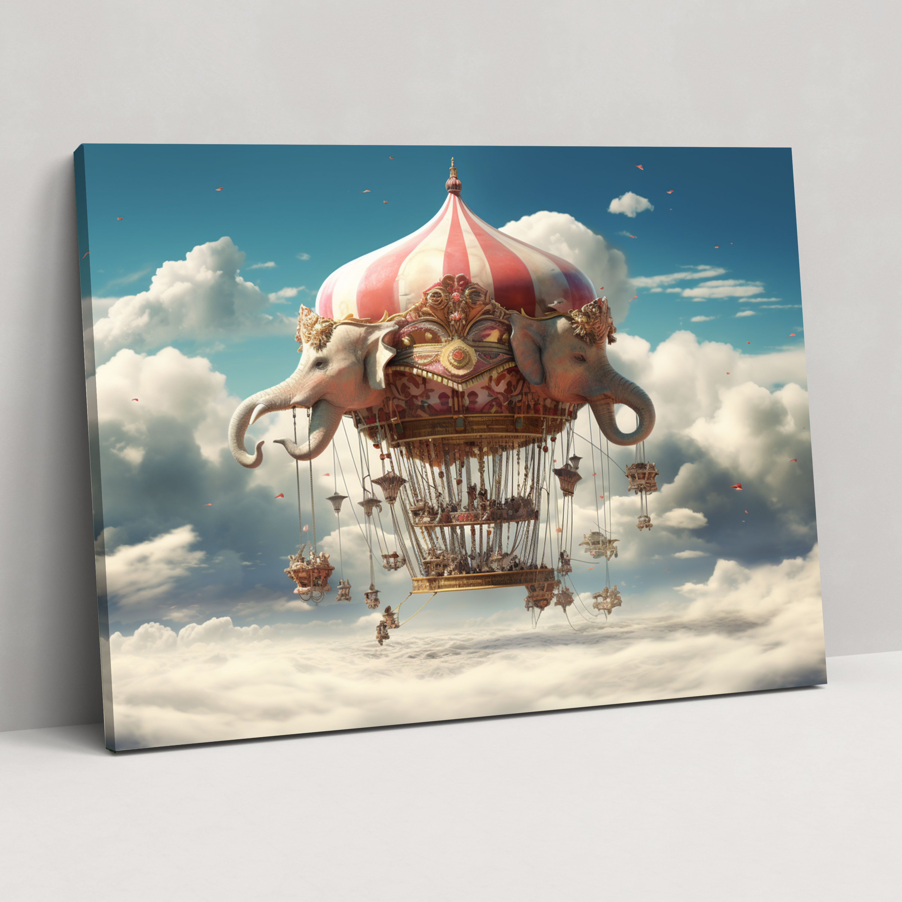 Zirkus Himmel Leinwandbild - Zirkus Leinwand Flauschige Wolken Fliegende Elefanten