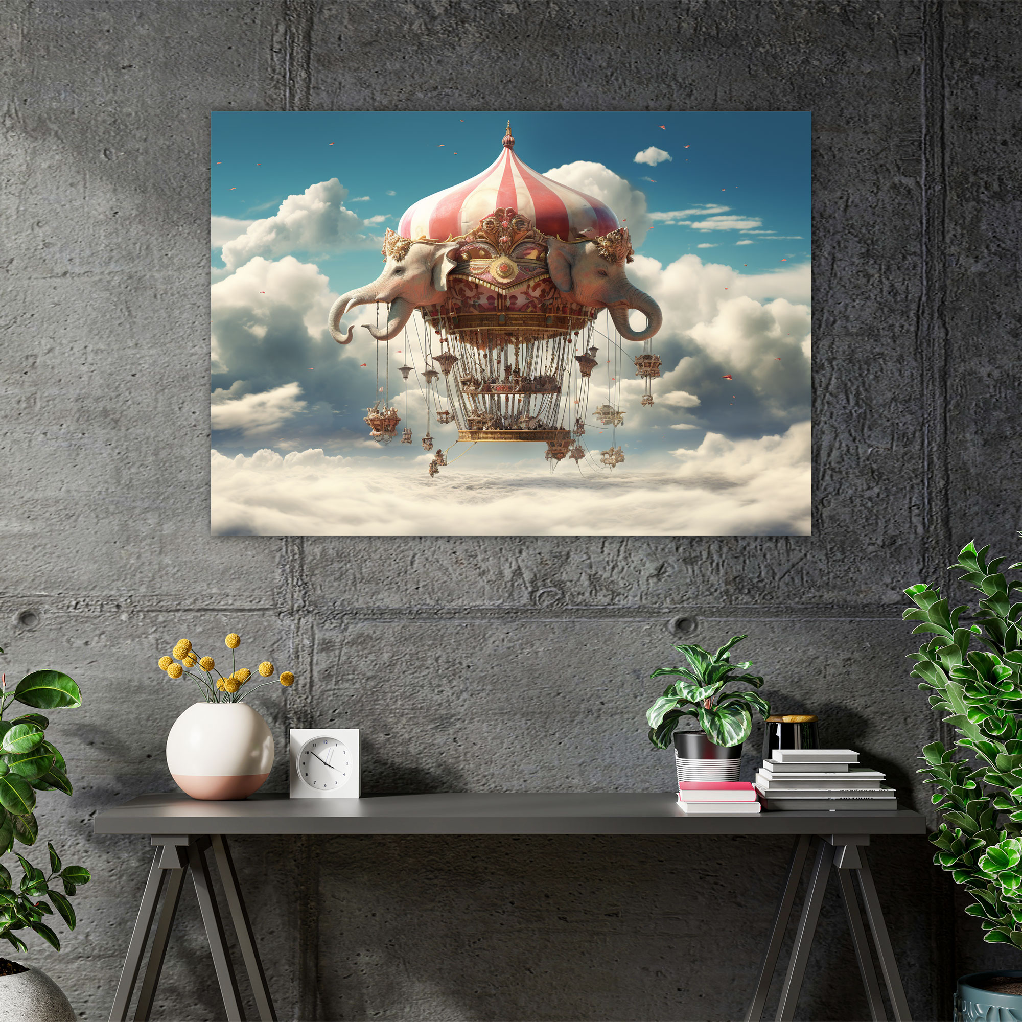 Zirkus Himmel Leinwandbild - Zirkus Leinwand Flauschige Wolken Fliegende Elefanten
