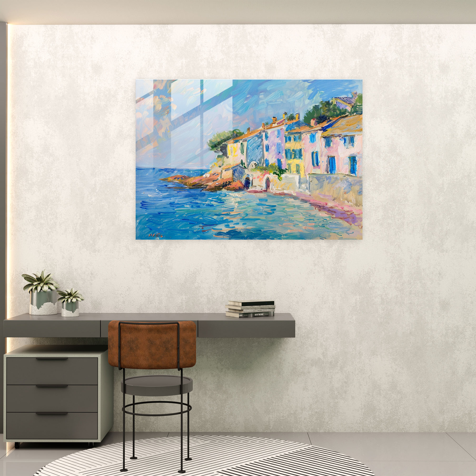 Claude Monet Home Decoration - Coastal Village In Pastel Hues - Claude Monet, Pastel Hues, Home Decoration, Glass Art