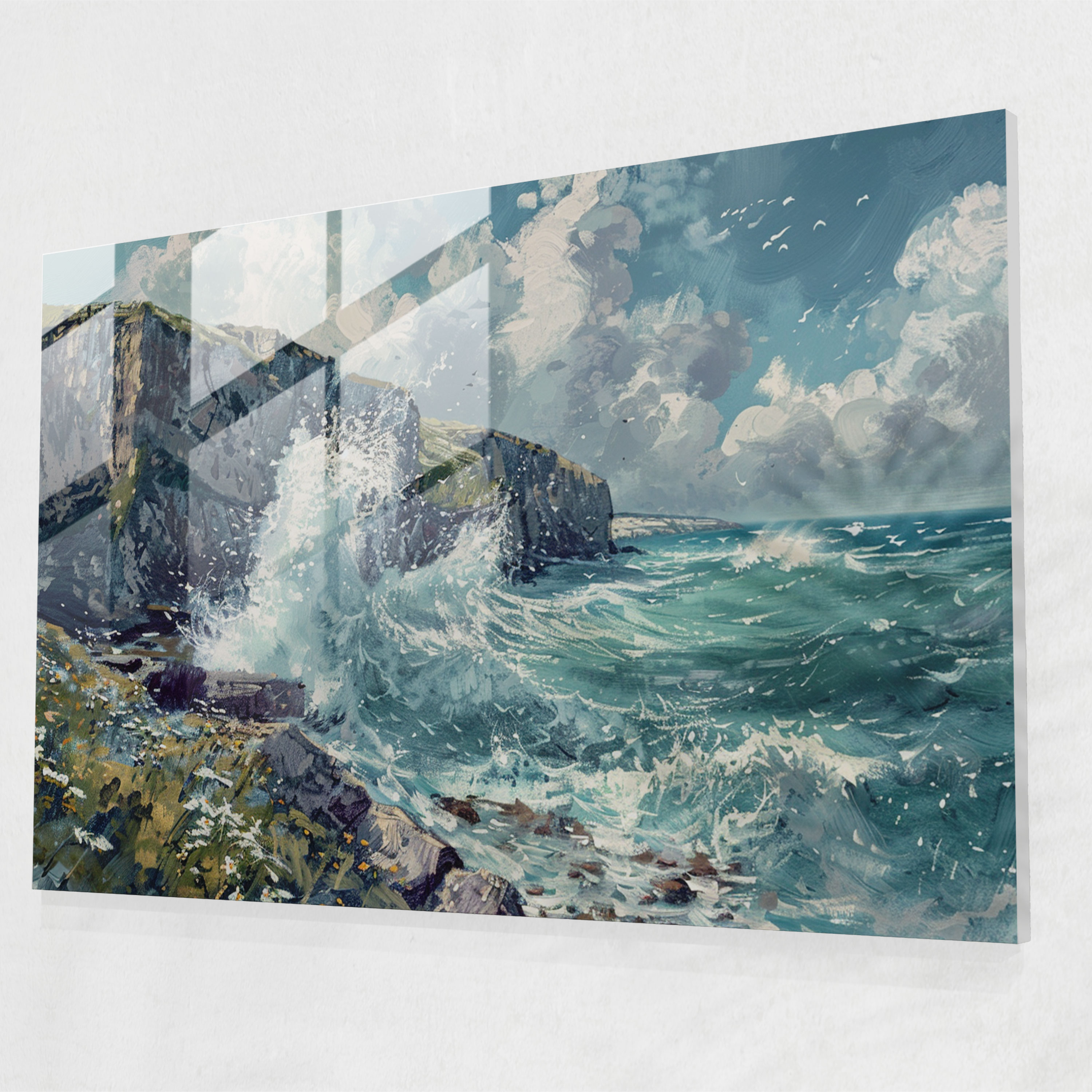 Claude Monet Glass Wall Art - Crashing Waves On Seaside Cliffs - Claude Monet, Modern Art, Crashing Waves, Wall Decoration