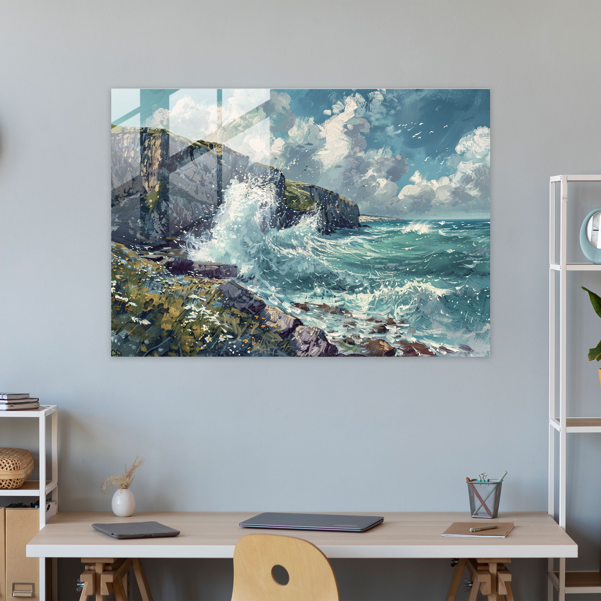 Claude Monet Glass Wall Art - Crashing Waves On Seaside Cliffs - Claude Monet, Modern Art, Crashing Waves, Wall Decoration