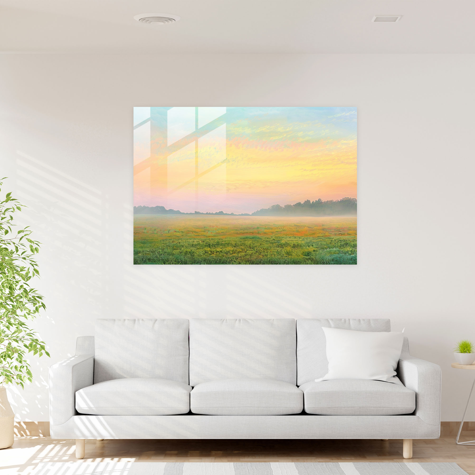 Claude Monet Glass Print - Pastel Sunrise Over Fields - Claude Monet, Pastel Colors, Glass Wall Art, Wall Decoration
