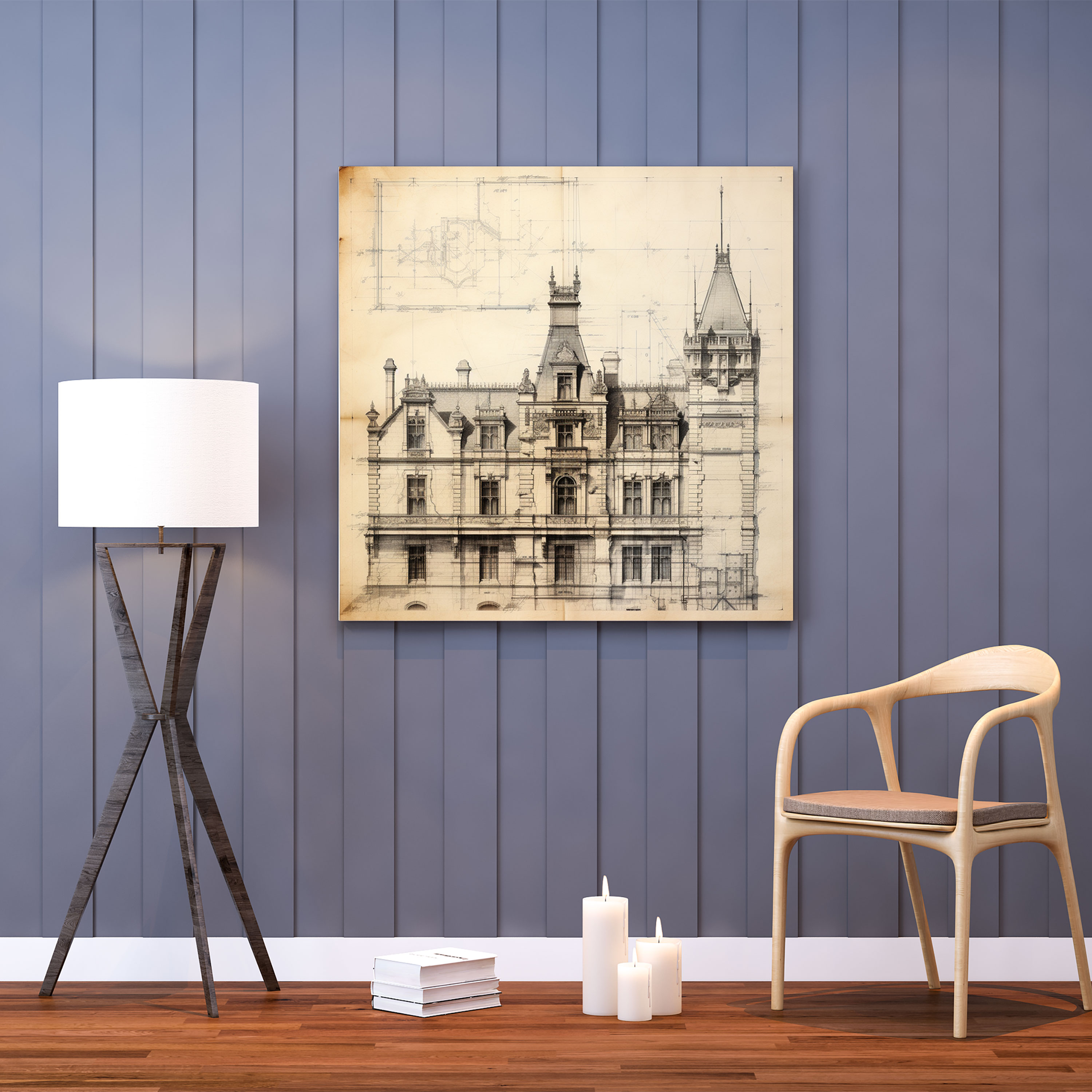 Classic Architectural Blueprint Wall Art - Classic, Canvas Wall Art, Classic Architectural Sketch, Home Decoration