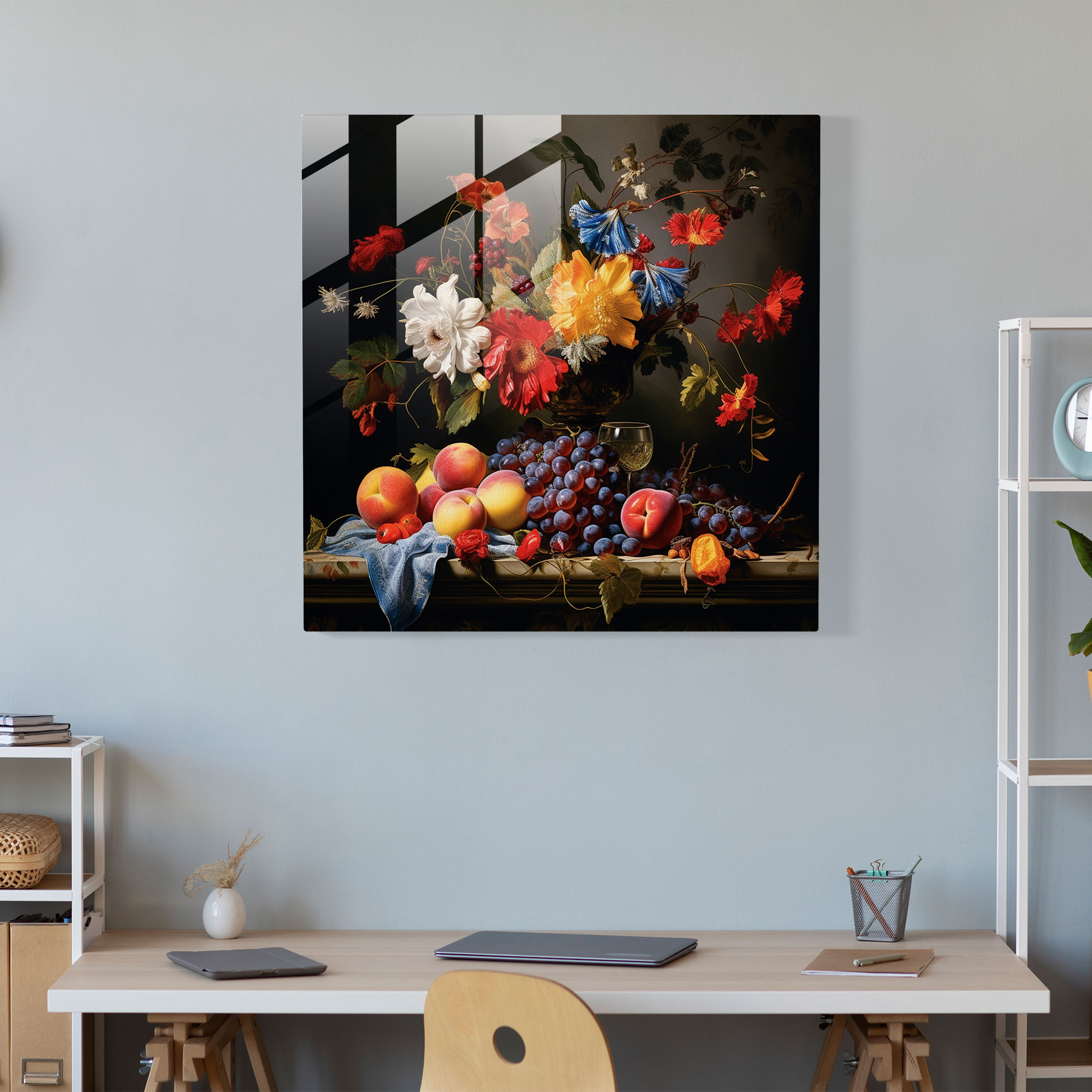 Classic Still Life Glass Print - Classic, Elegance, Fruit And Flowers, Wall Decoration