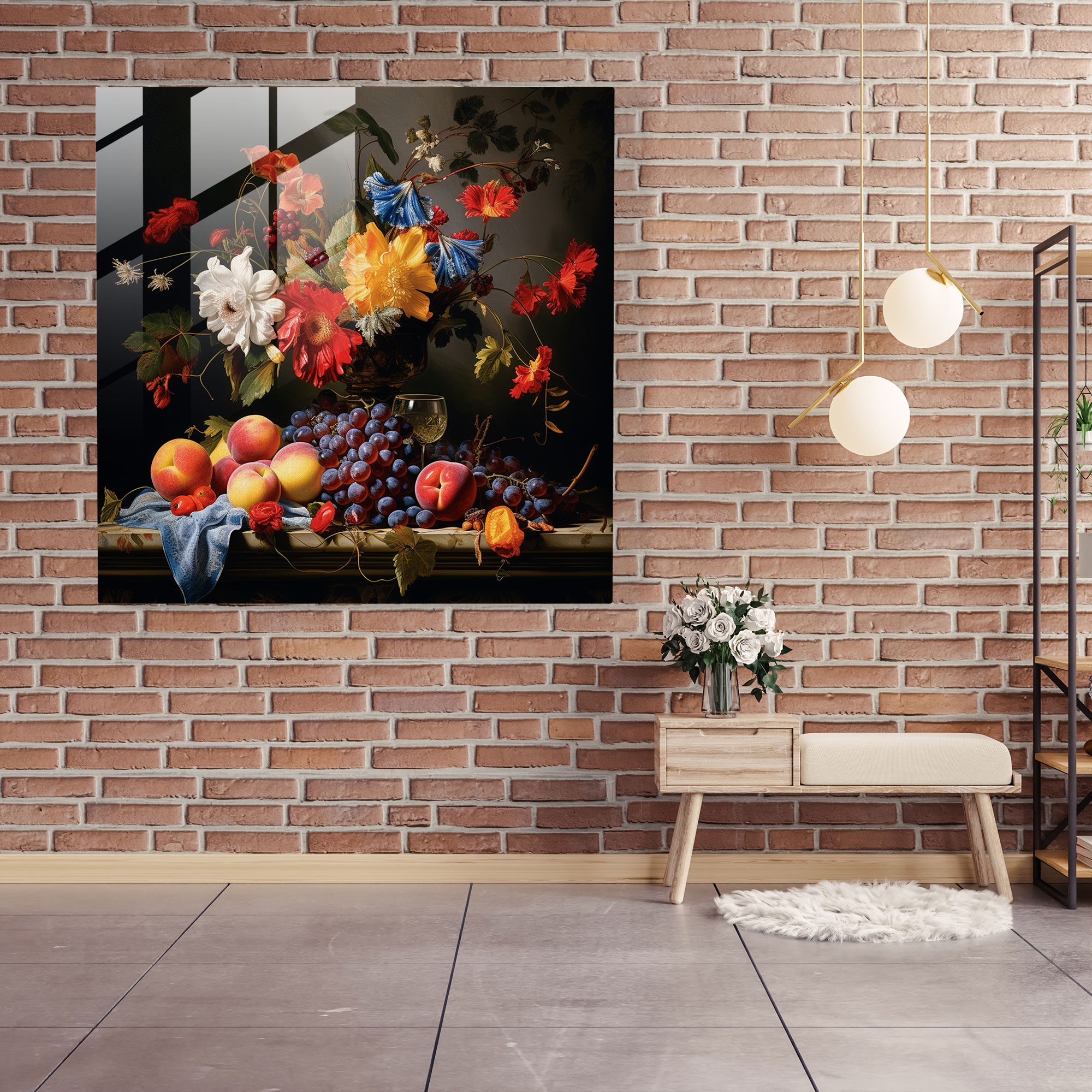 Classic Still Life Glass Print - Classic, Elegance, Fruit And Flowers, Wall Decoration