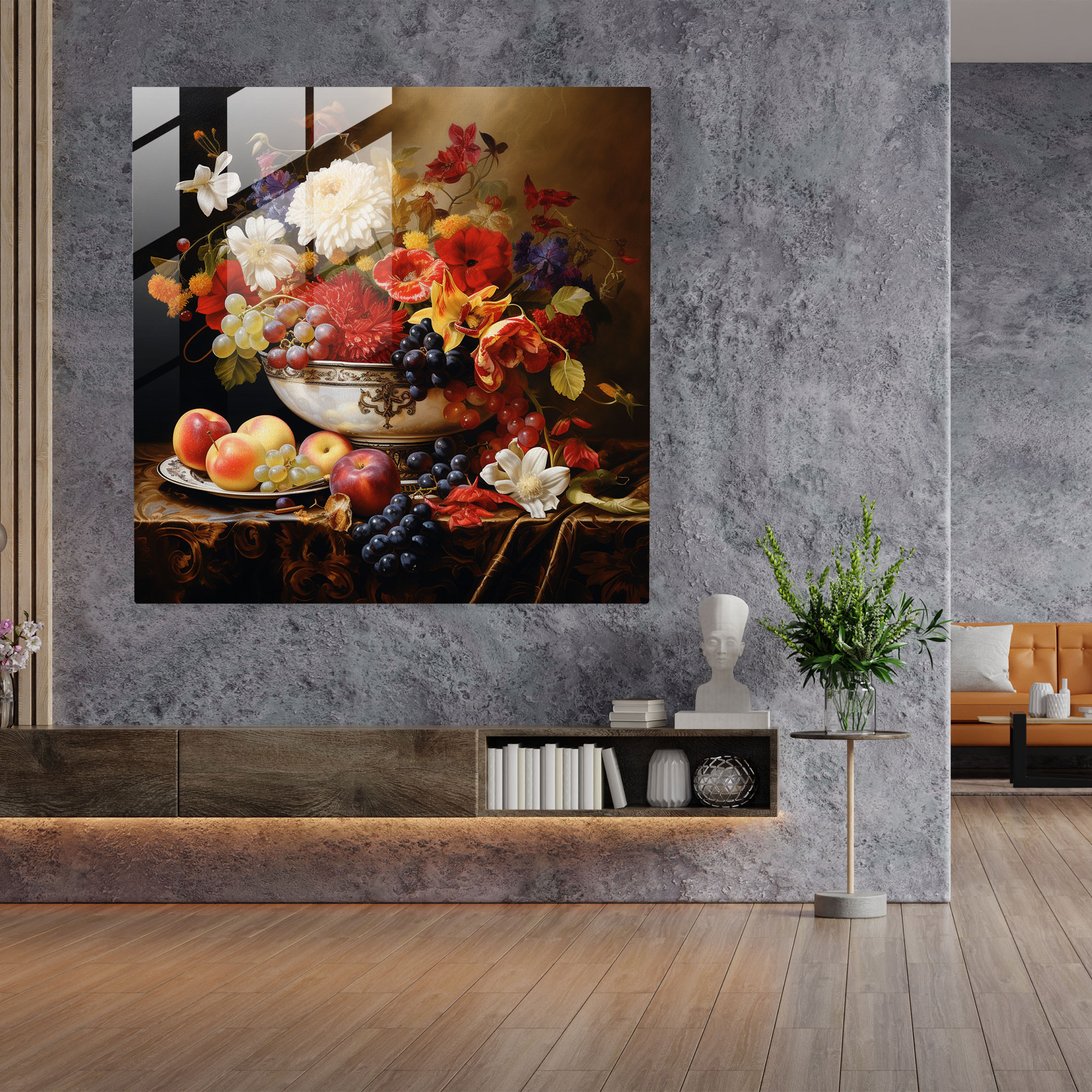 Klasik Natürmort Cam Tablo Baskı - Klasik Modern Sanat Çiçekler